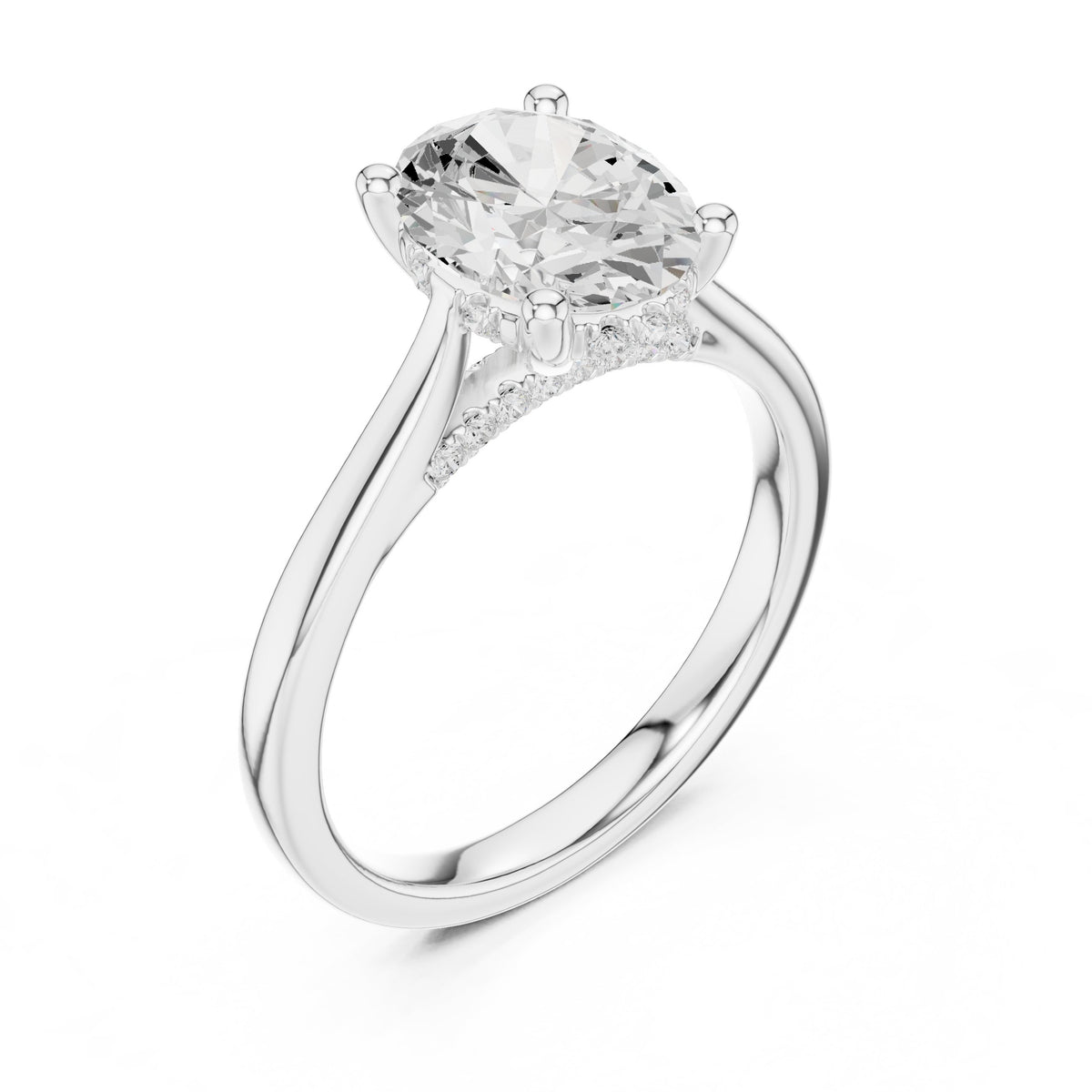 Oval Diamond Solitaire Engagement Ring with Hidden Halo Accents