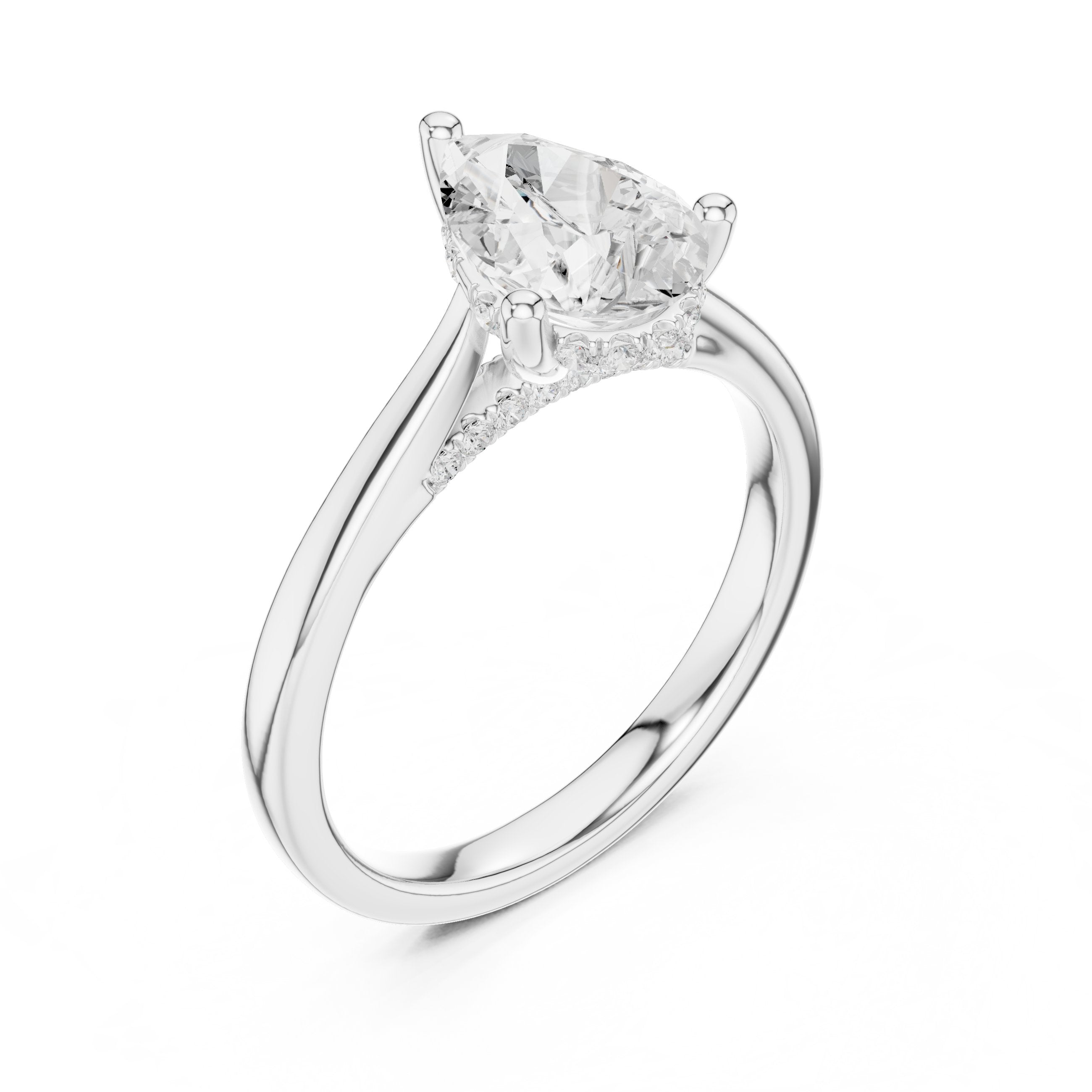 Pear Diamond Engagement Ring with Pavé Side Accents on Twisted Shank in White Gold - VYKA Diamonds