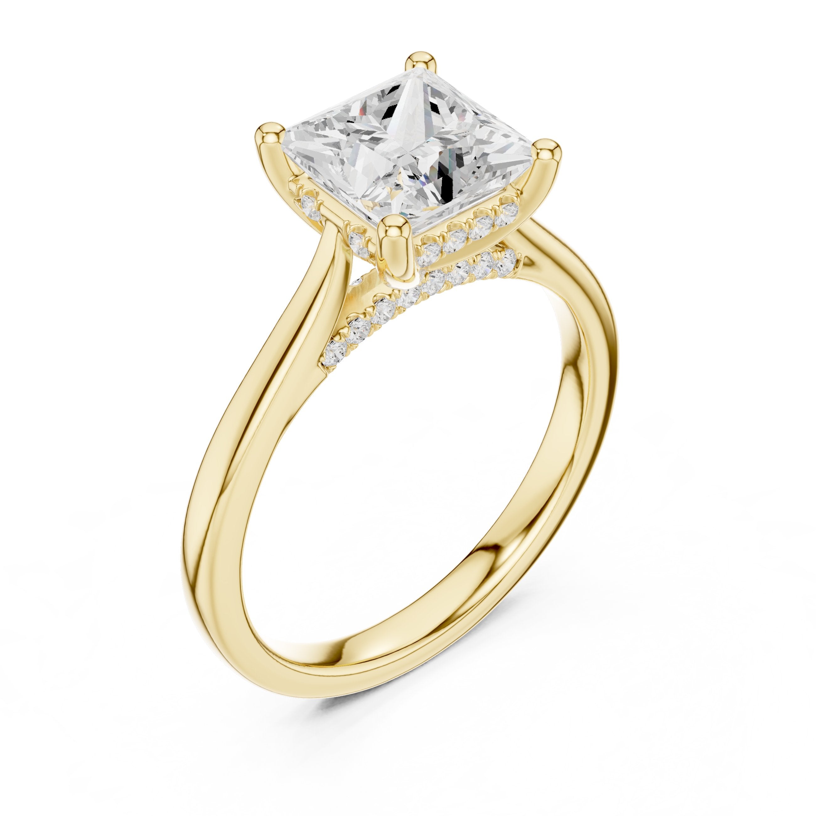 Princess Cut Hidden Halo Solitaire Engagement Ring in Yellow Gold - VYKA Diamonds