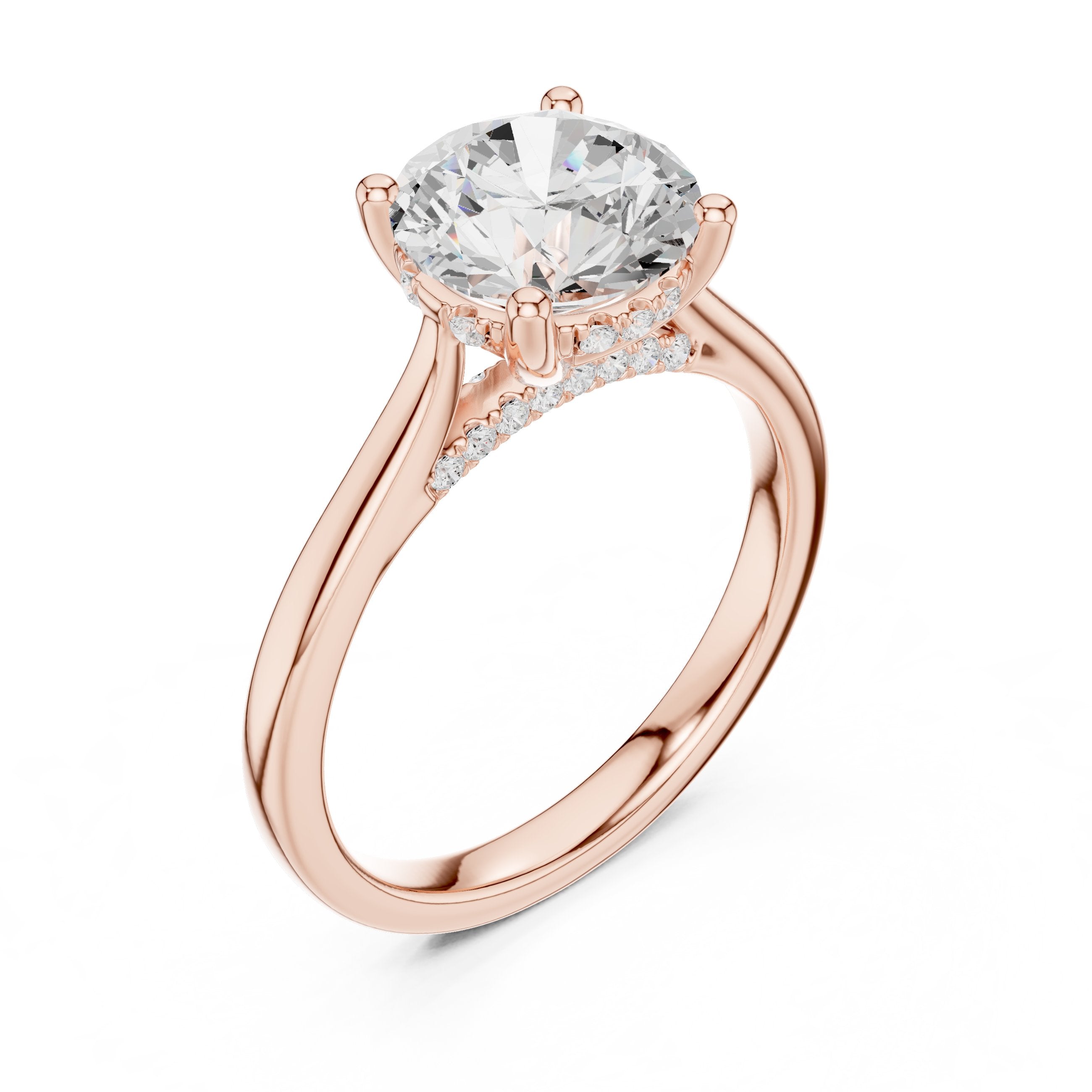 Round Diamond Four Prong Solitaire Engagement Ring with Tapered Band in Rose Gold - VYKA Diamonds
