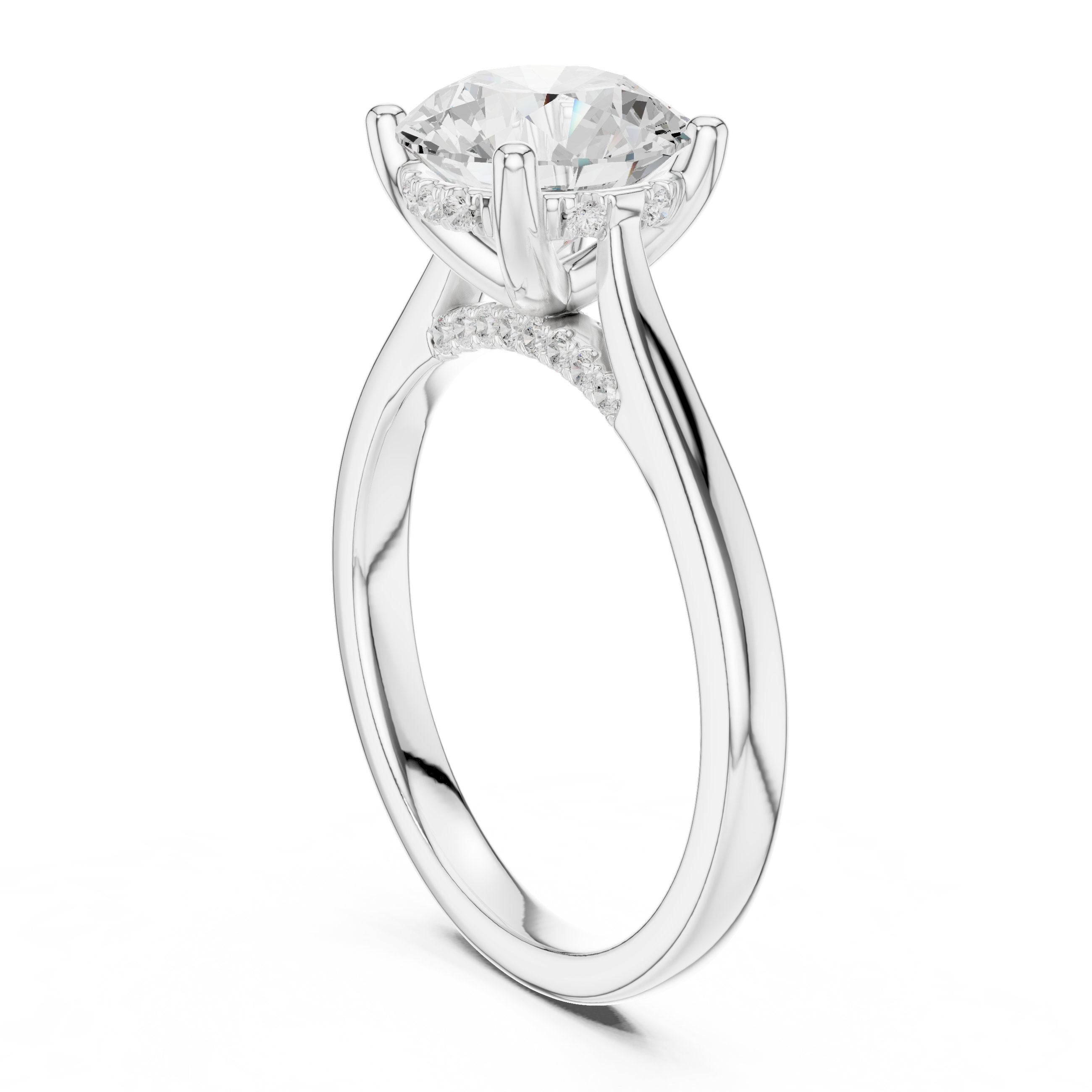 Round Diamond Four Prong Solitaire Engagement Ring with Tapered Band in White Gold - VYKA Diamonds