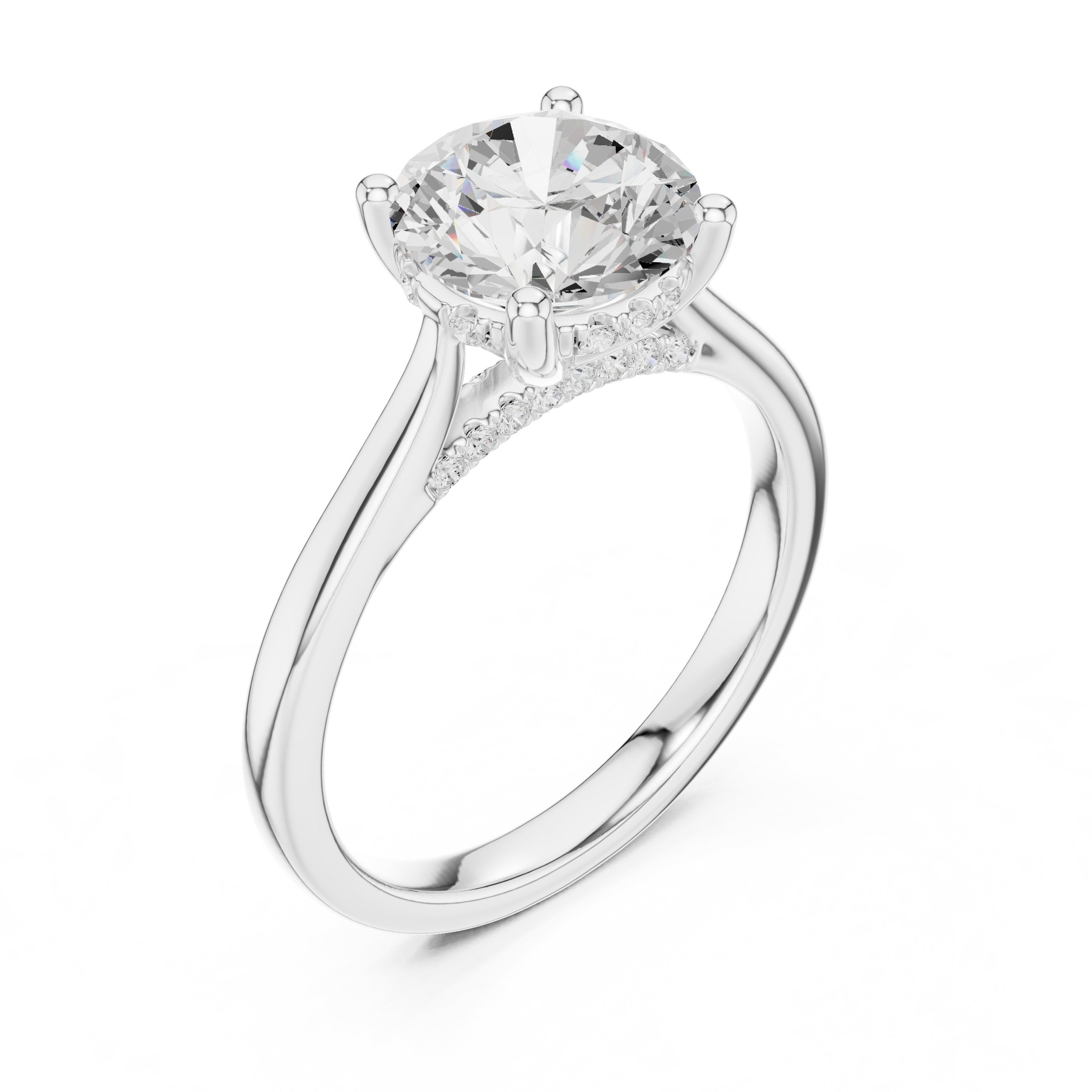 Round Diamond Four Prong Solitaire Engagement Ring with Tapered Band in White Gold - VYKA Diamonds