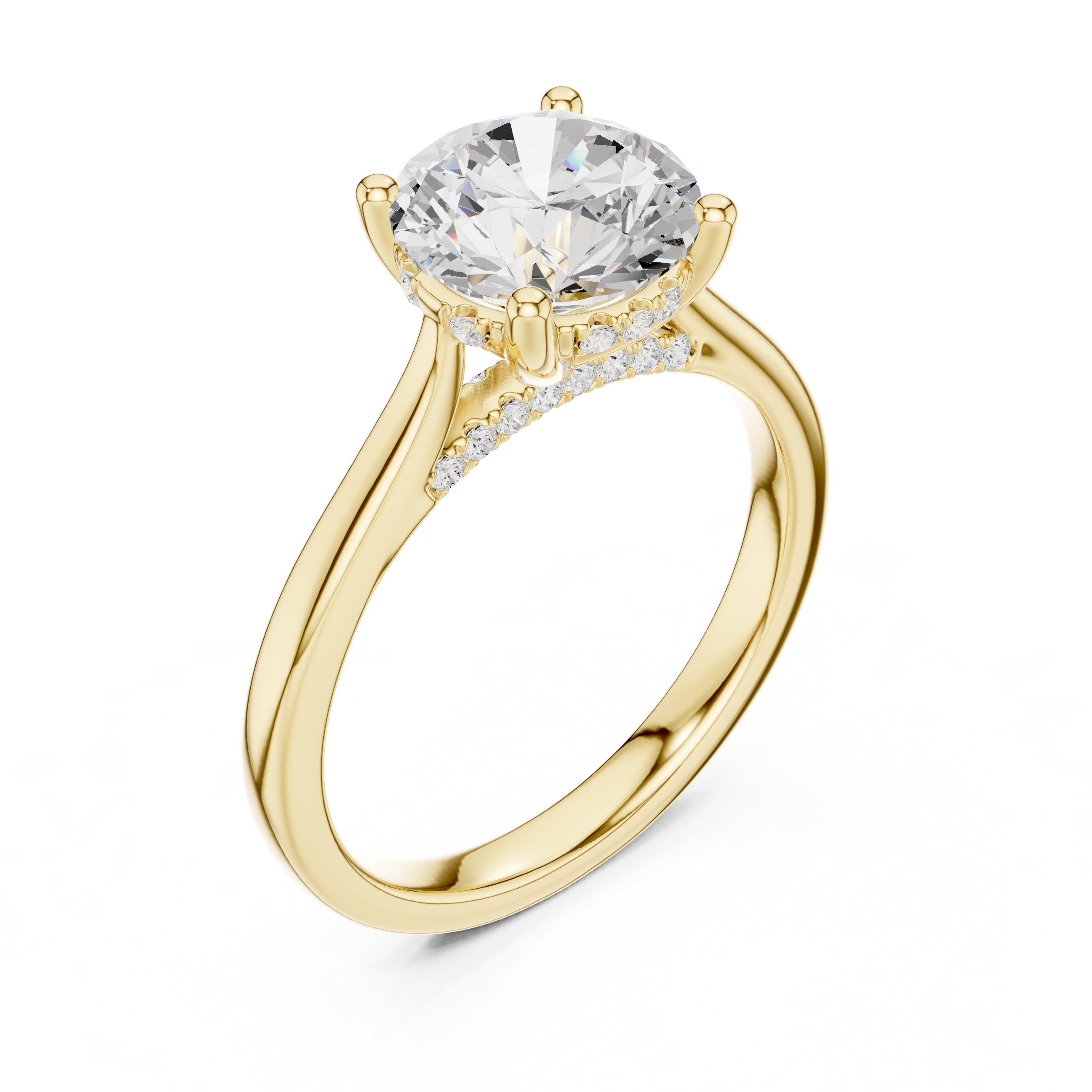 Round Diamond Four Prong Solitaire Engagement Ring with Tapered Band in Yellow Gold - VYKA Diamonds