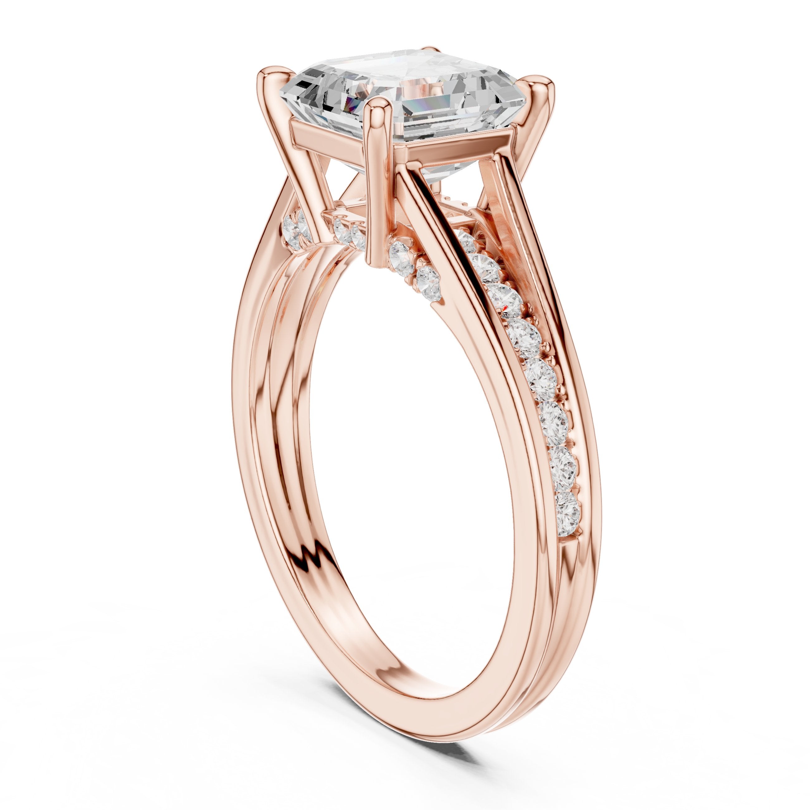 Asscher Cut Engagement Ring with Double Band Split Shank Pavé in Rose Gold - VYKA Diamonds