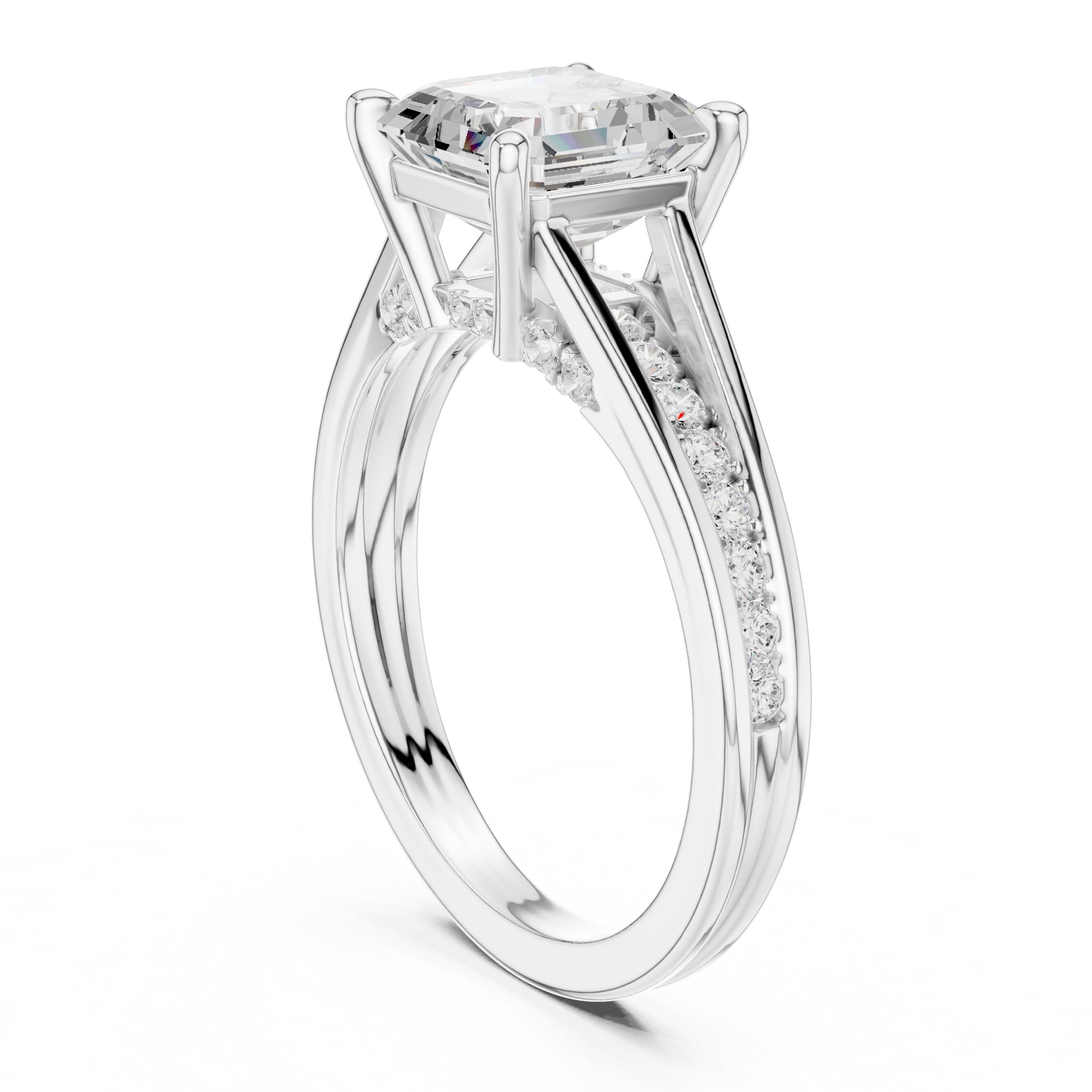 Asscher Cut Engagement Ring with Double Band Split Shank Pavé in White Gold - VYKA Diamonds