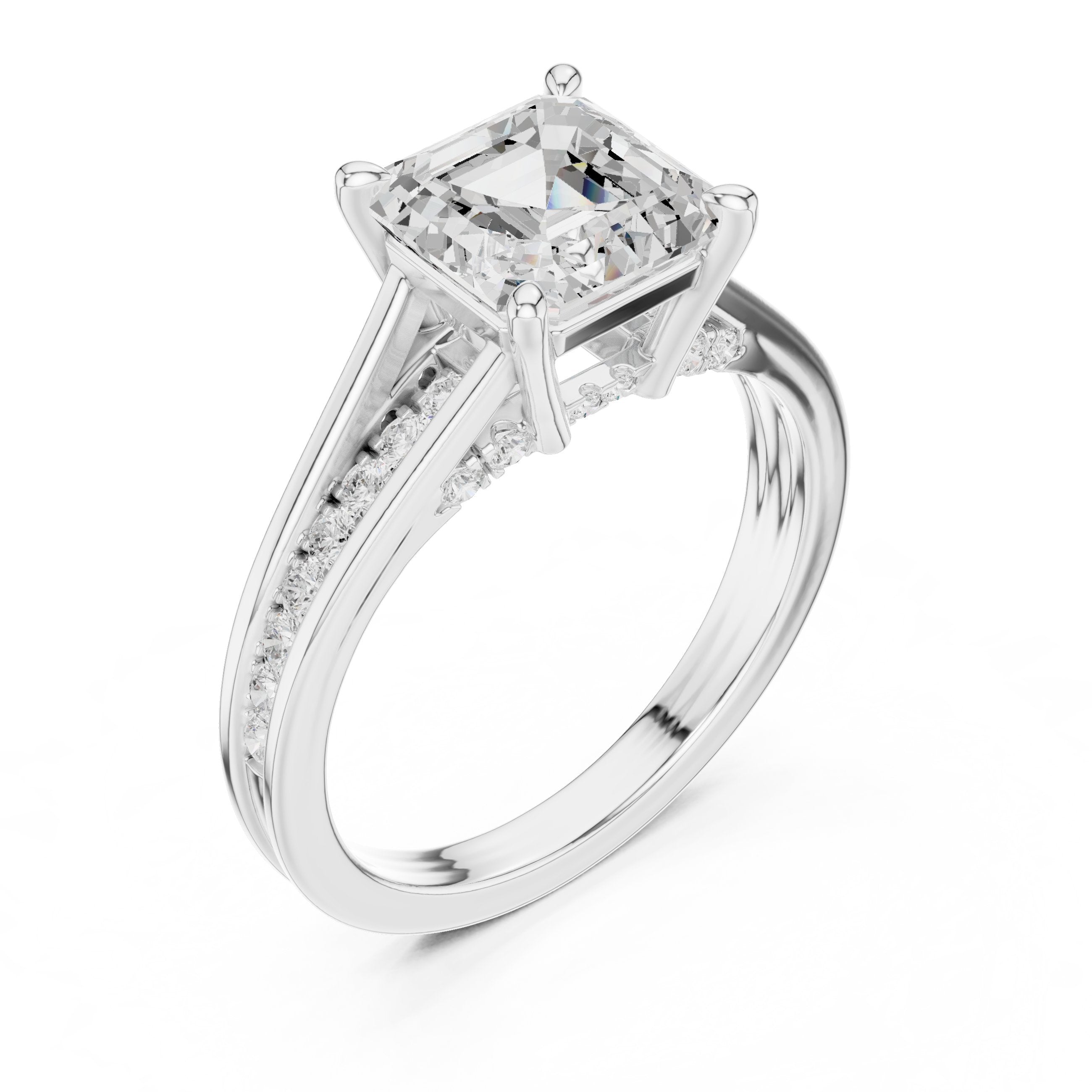 Asscher Cut Engagement Ring with Double Band Split Shank Pavé in White Gold - VYKA Diamonds