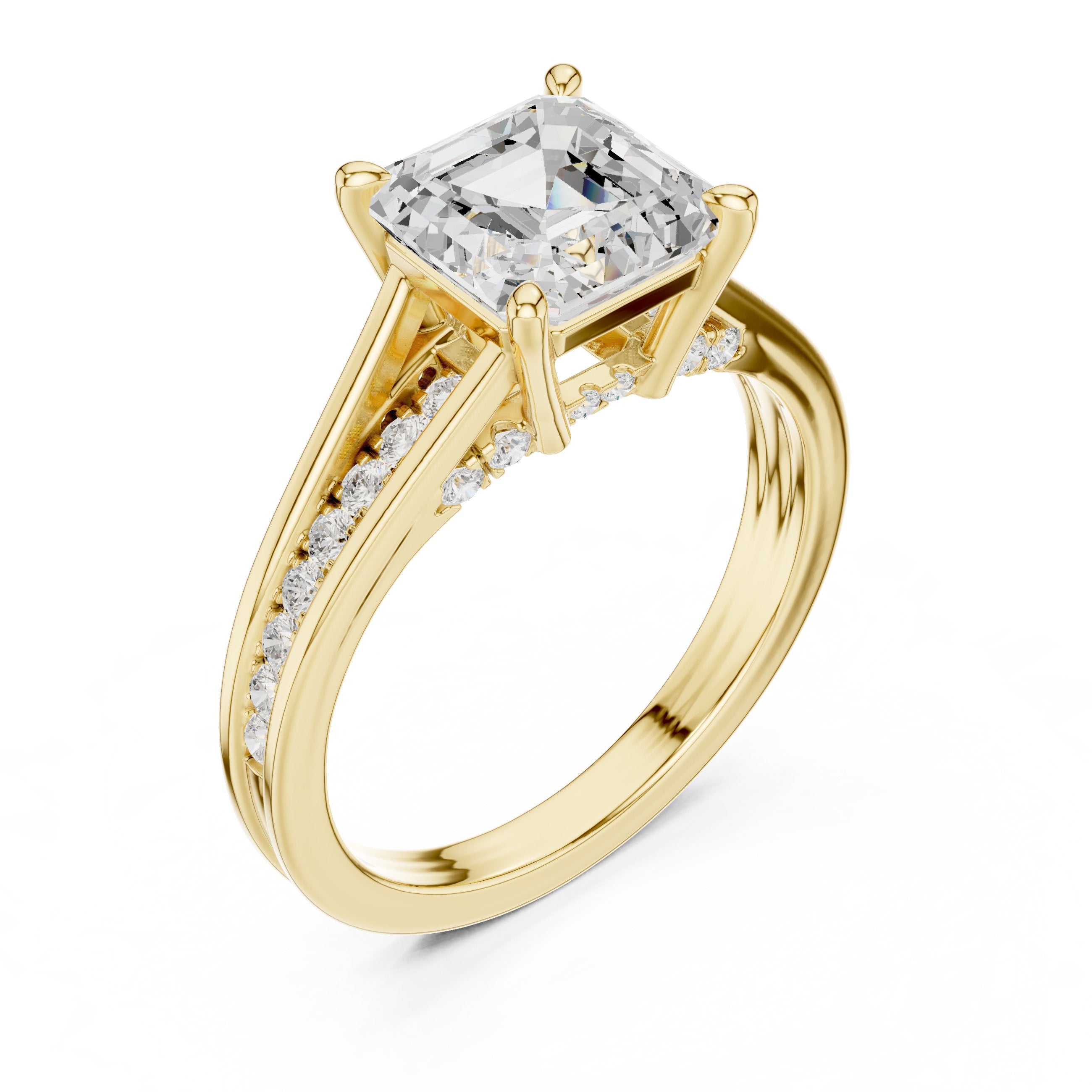 Asscher Cut Engagement Ring with Double Band Split Shank Pavé in Yellow Gold - VYKA Diamonds
