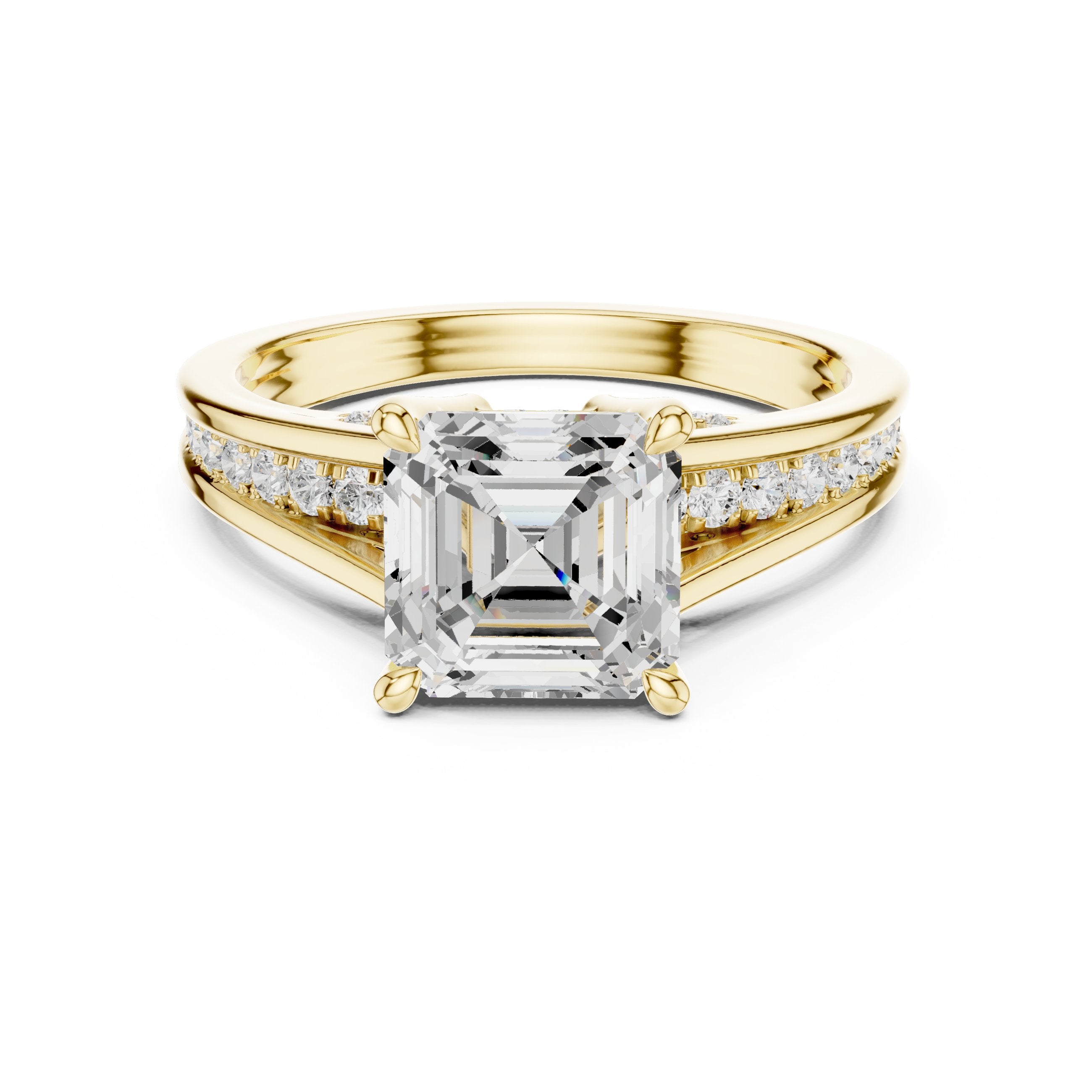 Asscher Cut Engagement Ring with Double Band Split Shank Pavé in Yellow Gold - VYKA Diamonds