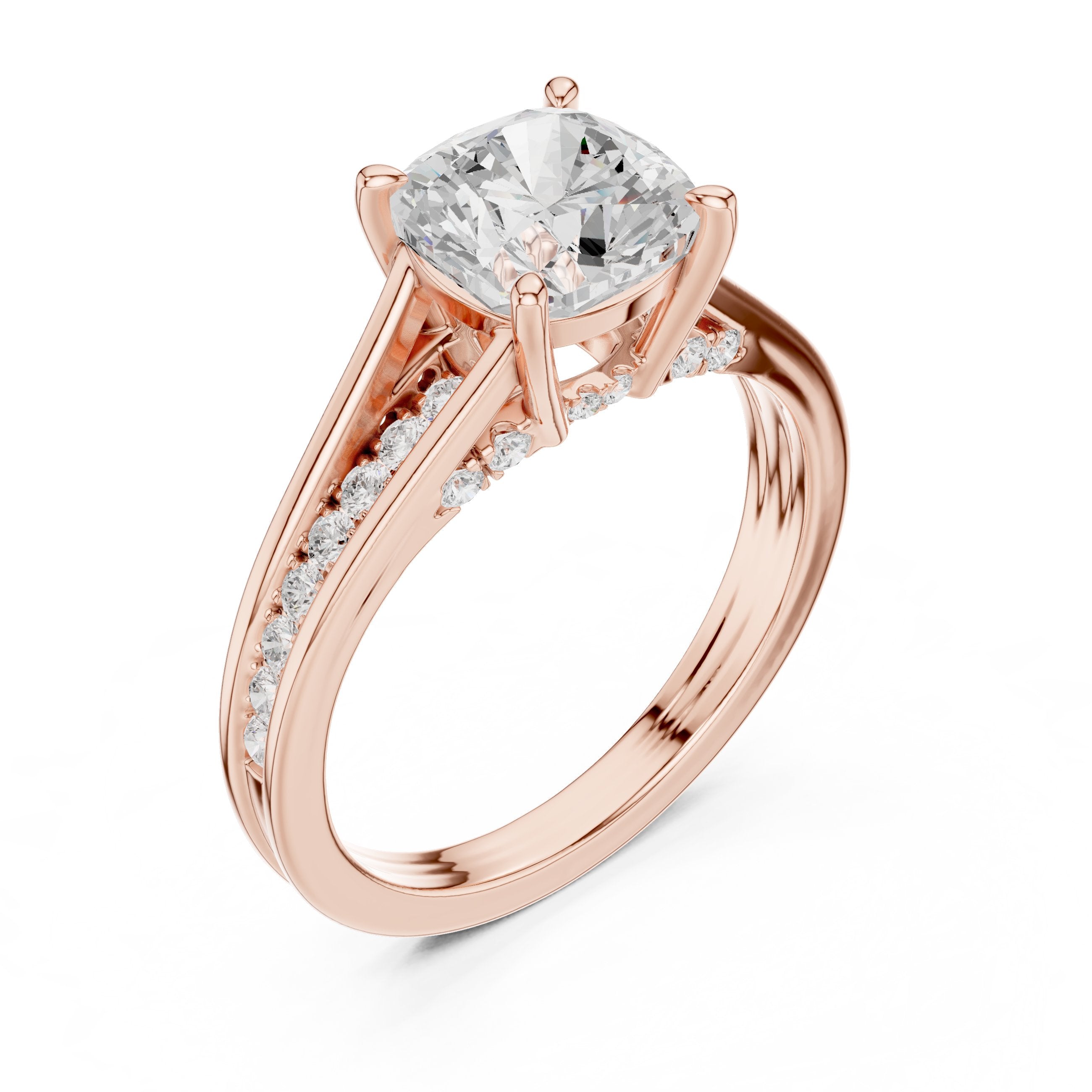 Cushion Cut Engagement Ring with Double Band Split Shank Pavé in Rose Gold - VYKA Diamonds