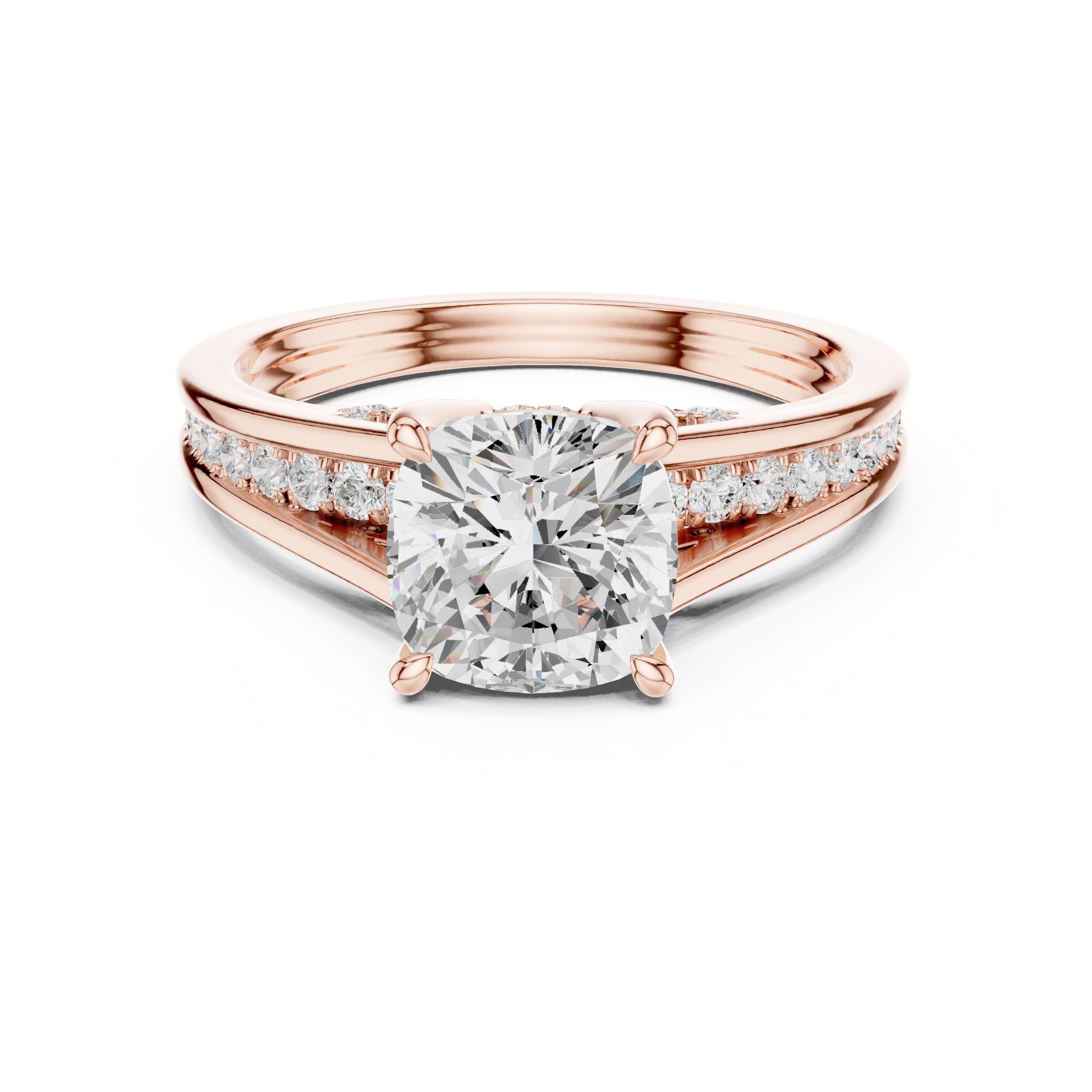 Cushion Cut Engagement Ring with Double Band Split Shank Pavé in Rose Gold - VYKA Diamonds