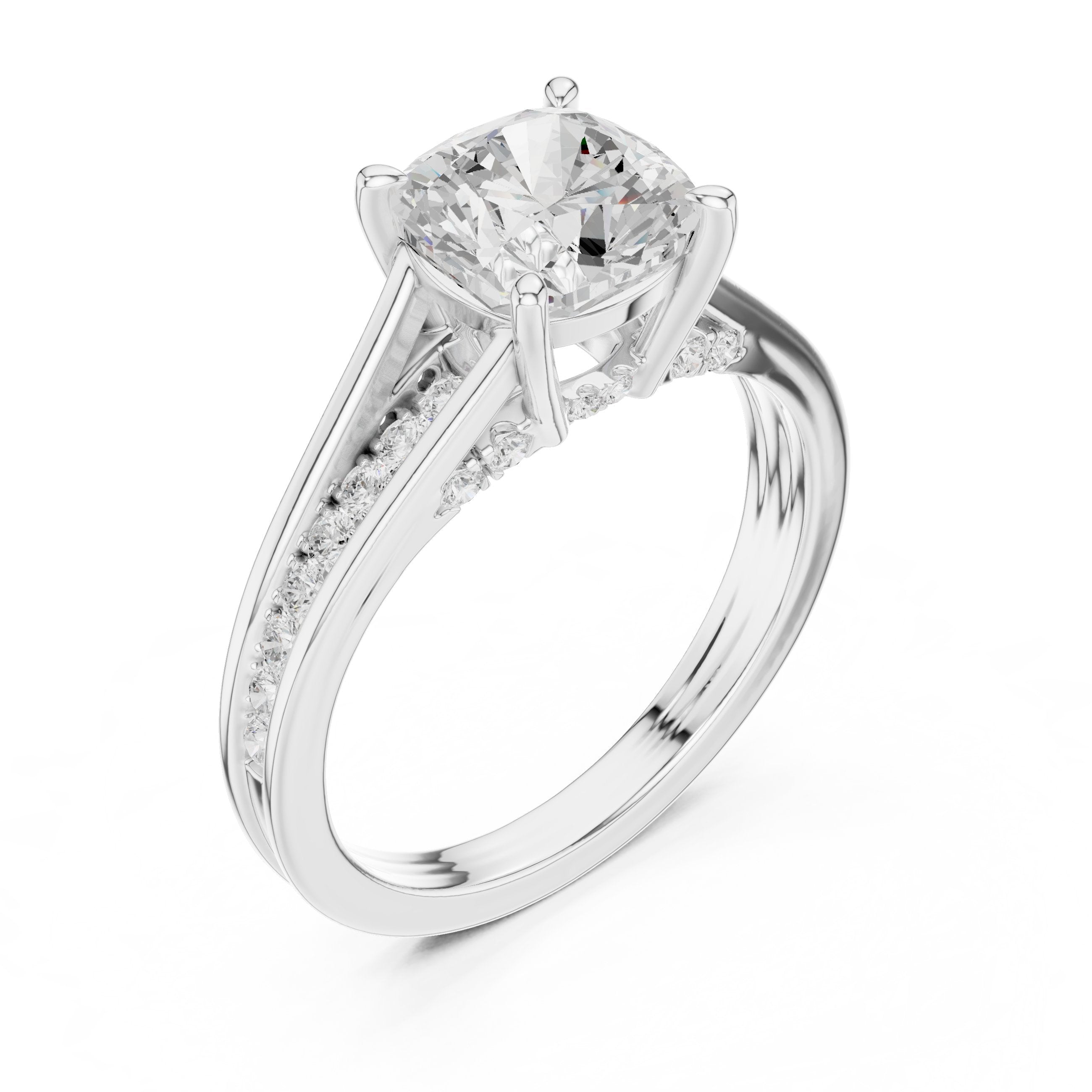 Cushion Cut Engagement Ring with Double Band Split Shank Pavé in White Gold - VYKA Diamonds