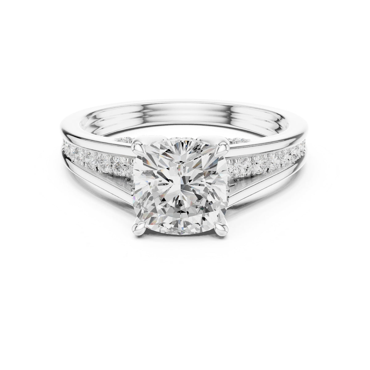 Cushion Cut Engagement Ring with Double Band Split Shank Pavé