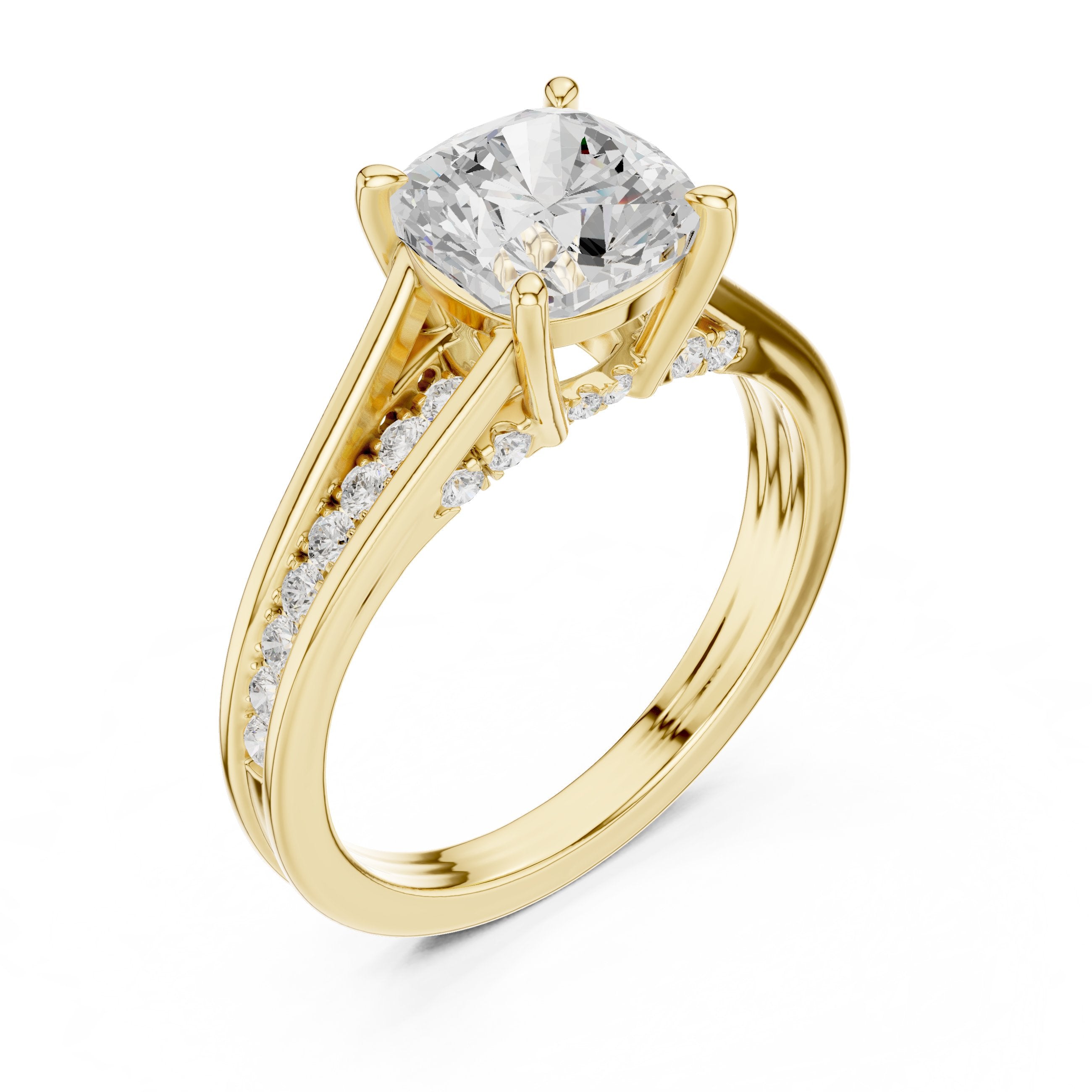 Cushion Cut Engagement Ring with Double Band Split Shank Pavé in Yellow Gold - VYKA Diamonds