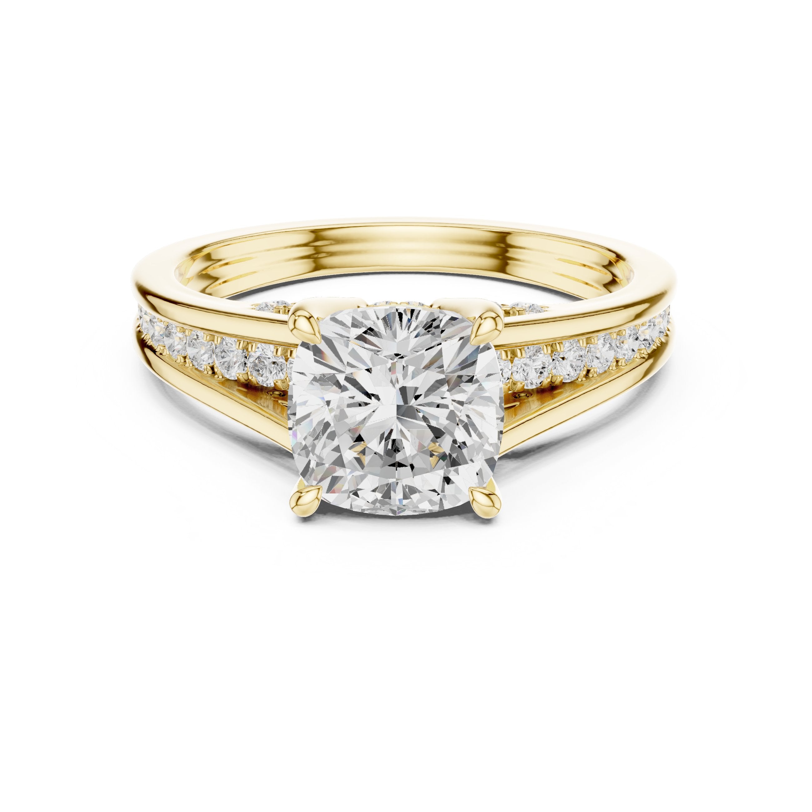 Cushion Cut Engagement Ring with Double Band Split Shank Pavé in Yellow Gold - VYKA Diamonds