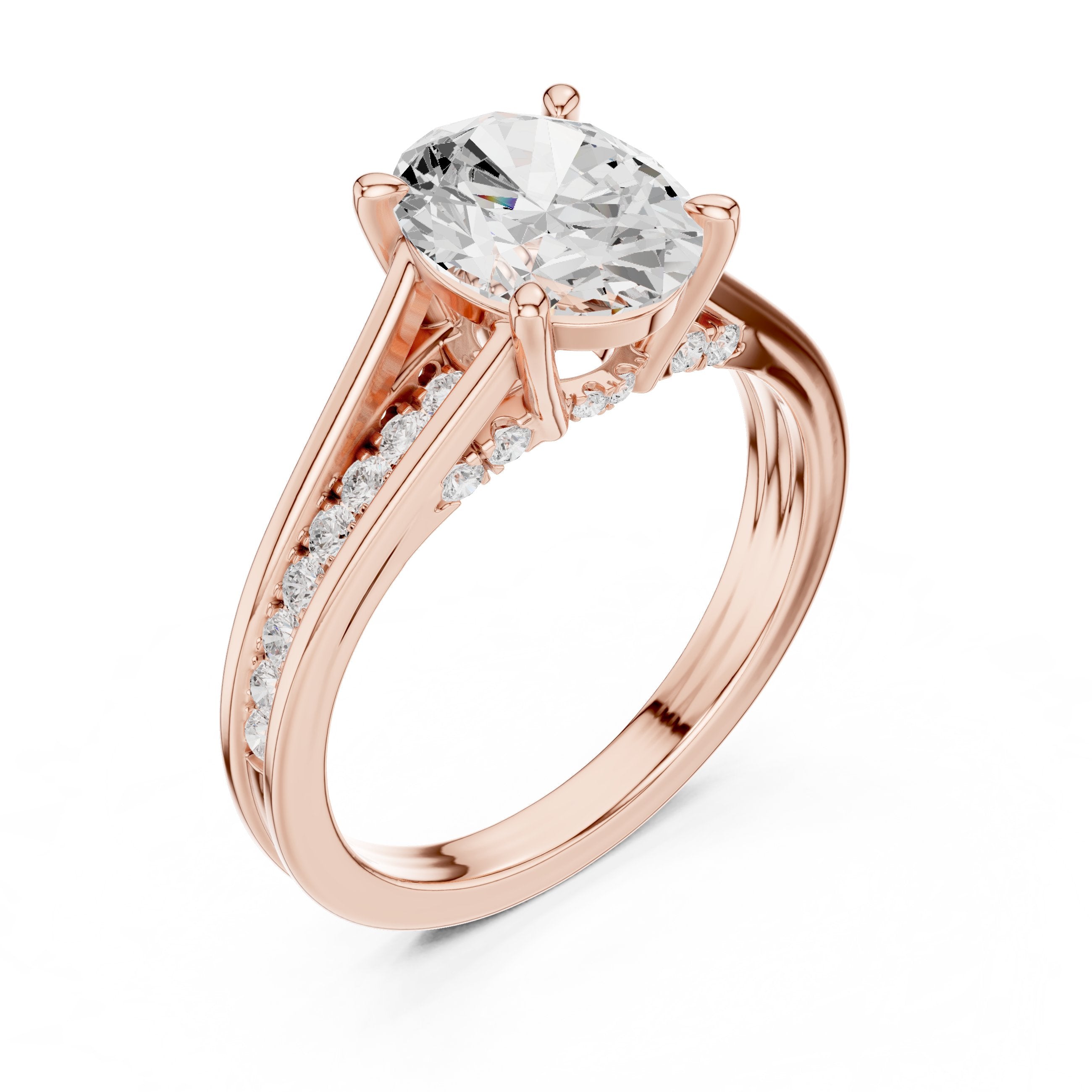 Oval Diamond Engagement Ring with Double Band Split Shank Pavé in Rose Gold - VYKA Diamonds