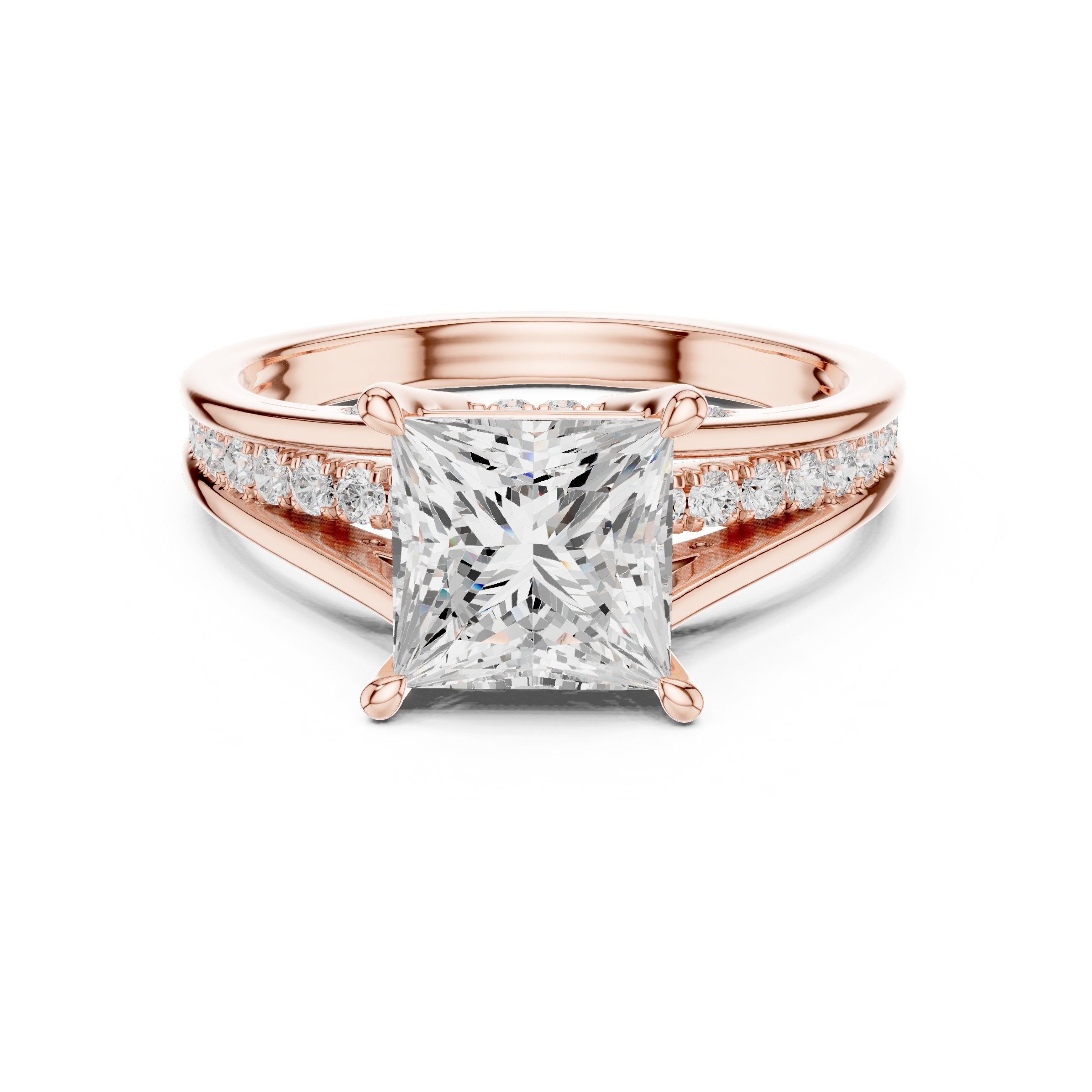 Princess Cut Engagement Ring with Channel Set Pavé Band in Rose Gold - VYKA Diamonds