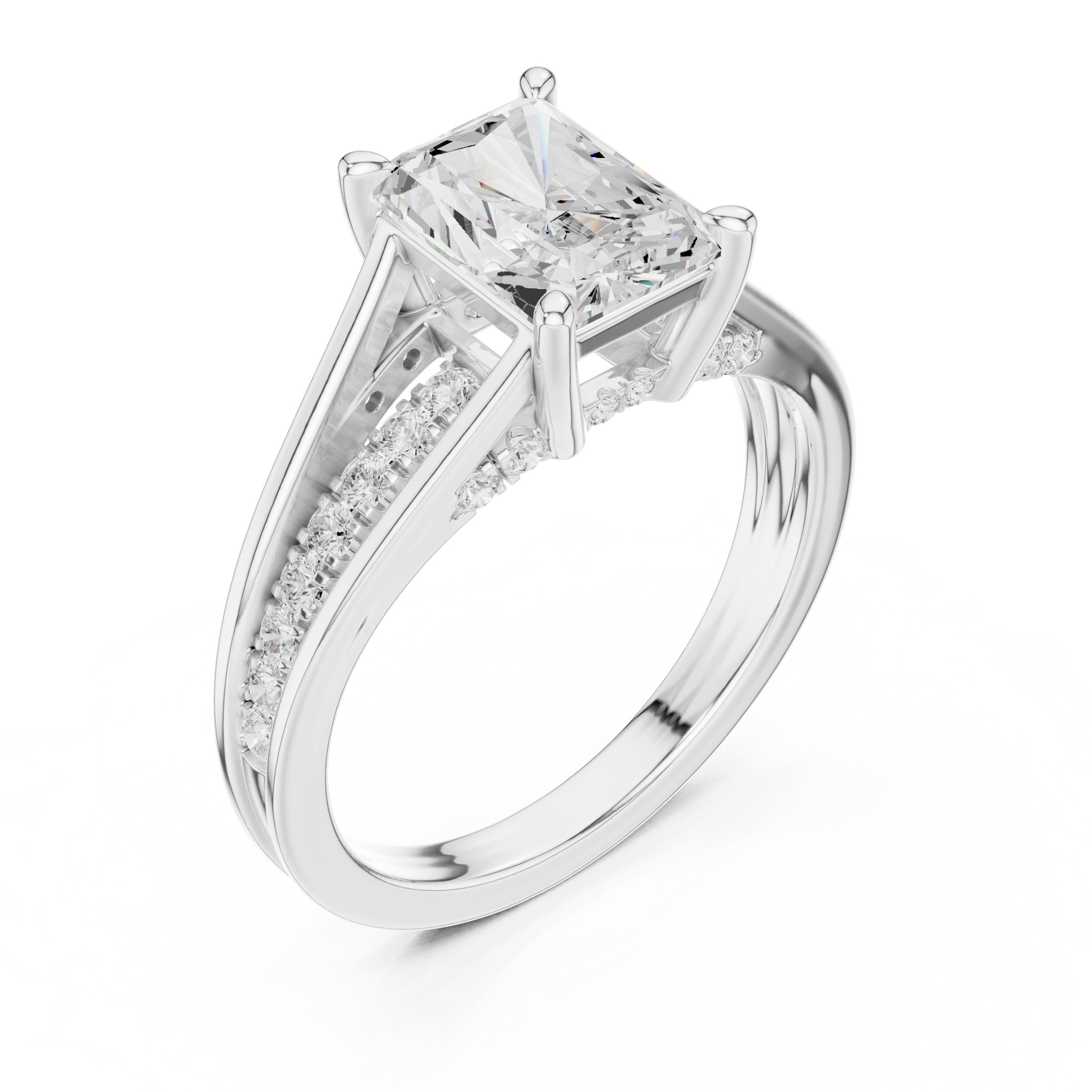 Radiant Cut Engagement Ring with Split Shank Pavé Band in White Gold - VYKA Diamonds
