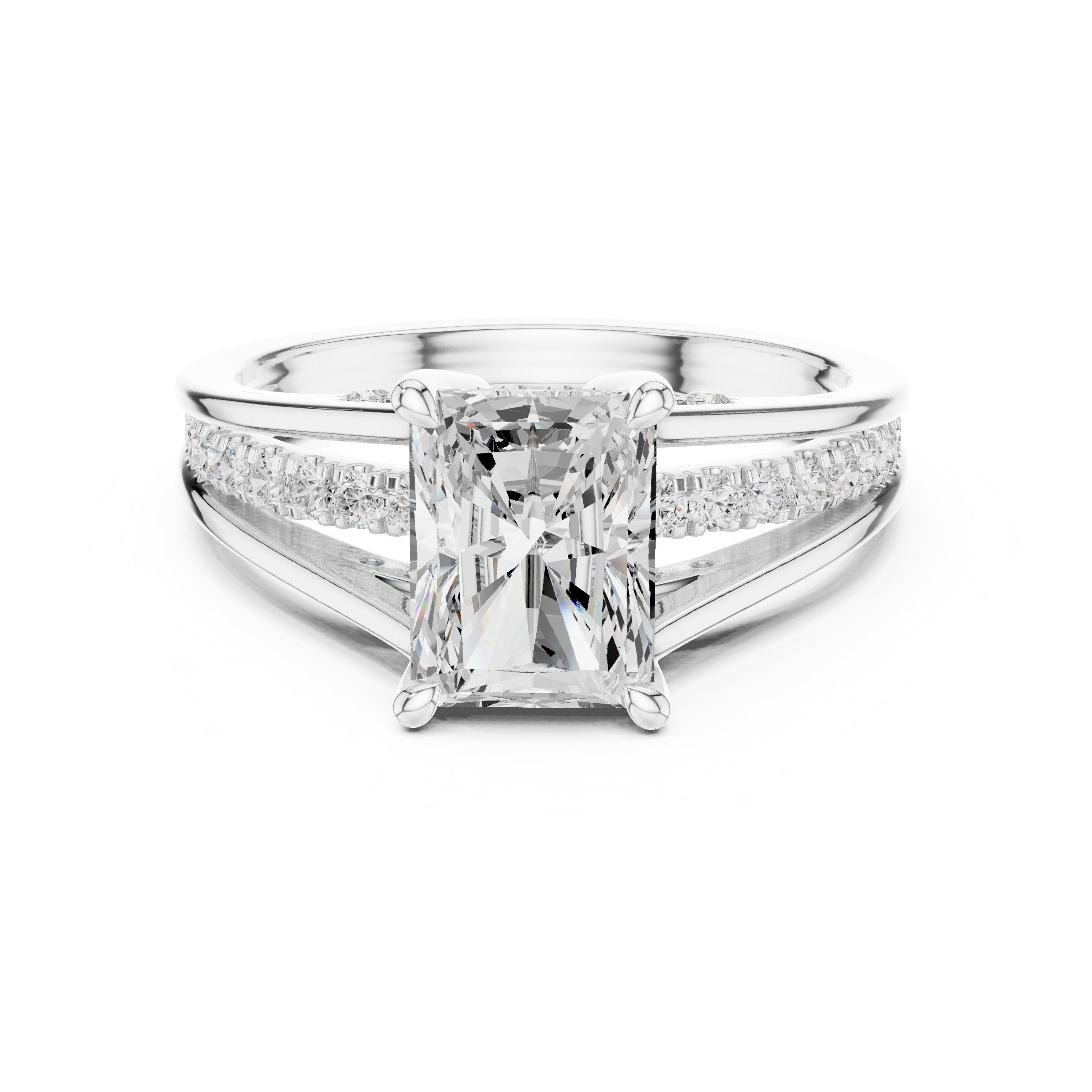 Radiant Cut Engagement Ring with Split Shank Pavé Band in White Gold - VYKA Diamonds