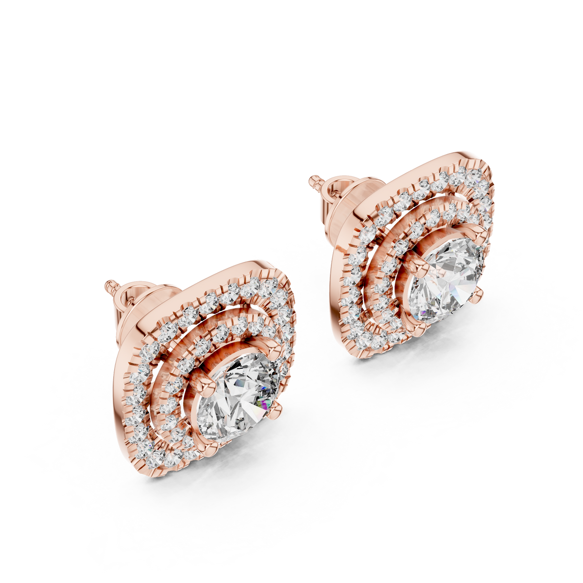 Round Center Cushion Double Halo Diamond Stud Earrings in Rose Gold - VYKA Diamonds
