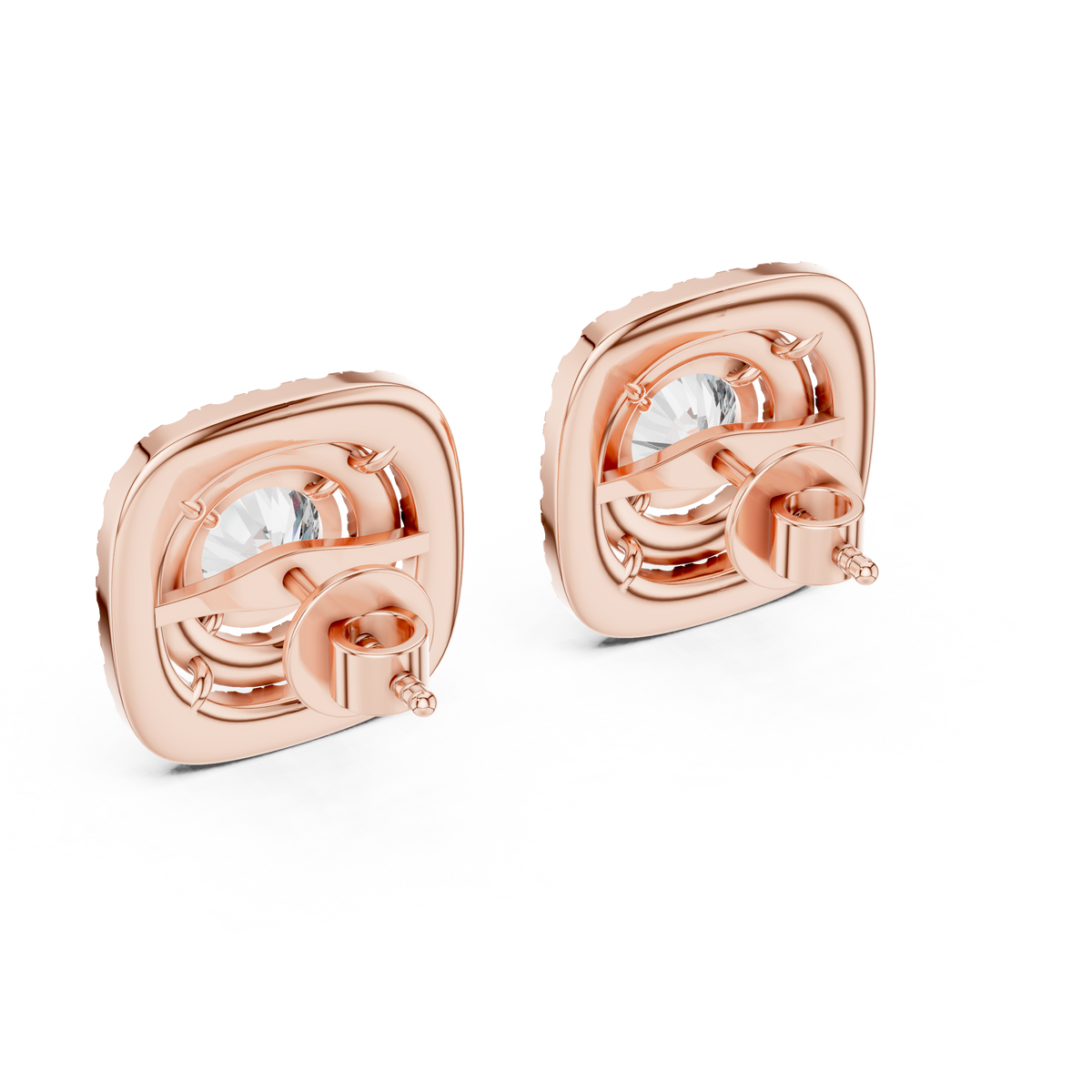 Round Center Cushion Double Halo Diamond Stud Earrings in Rose Gold - VYKA Diamonds