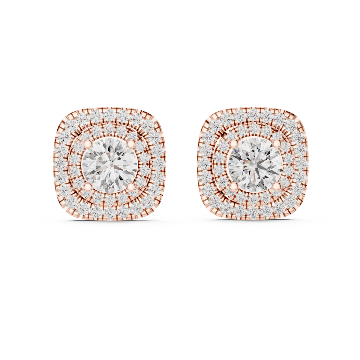 Round Center Cushion Double Halo Diamond Stud Earrings in Rose Gold - VYKA Diamonds