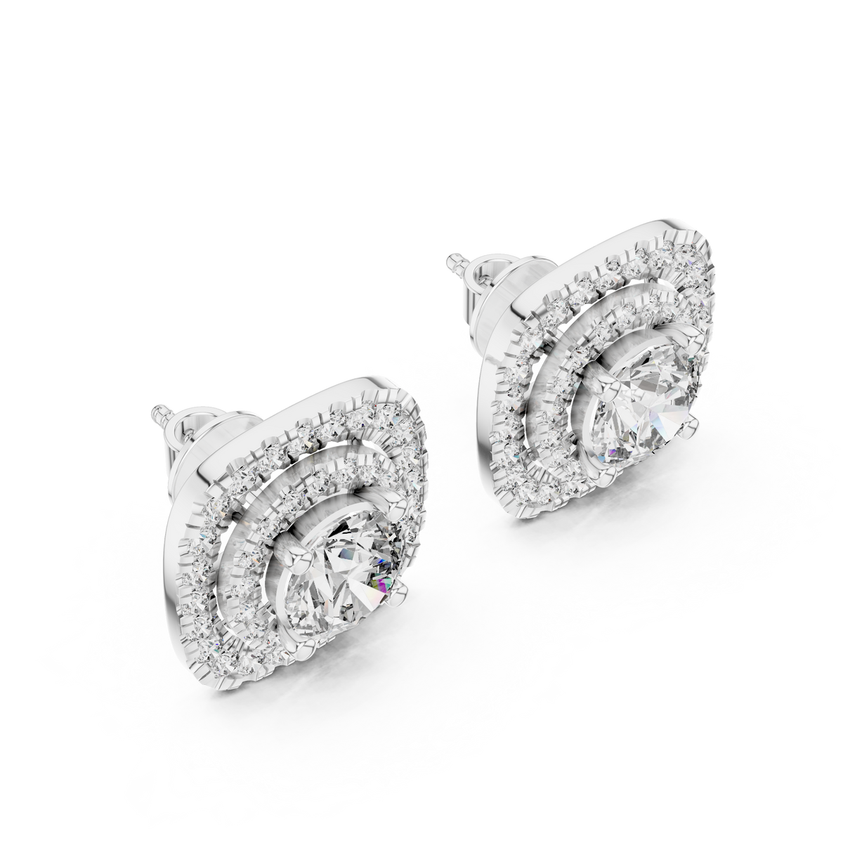 Round Center Cushion Double Halo Diamond Stud Earrings