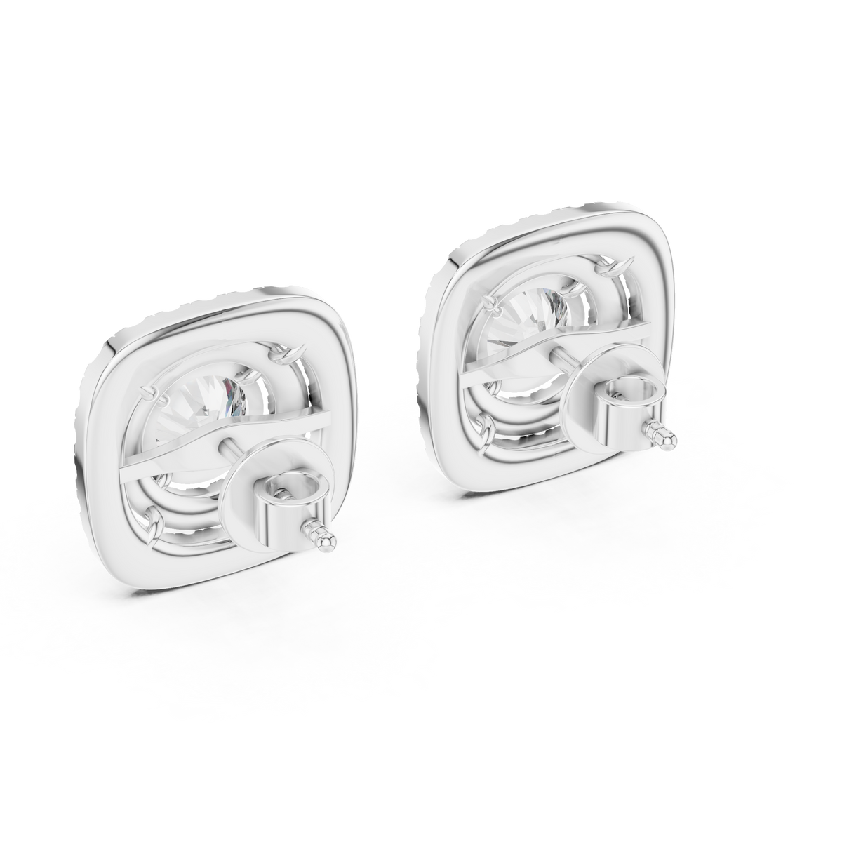 Round Center Cushion Double Halo Diamond Stud Earrings in White Gold - VYKA Diamonds