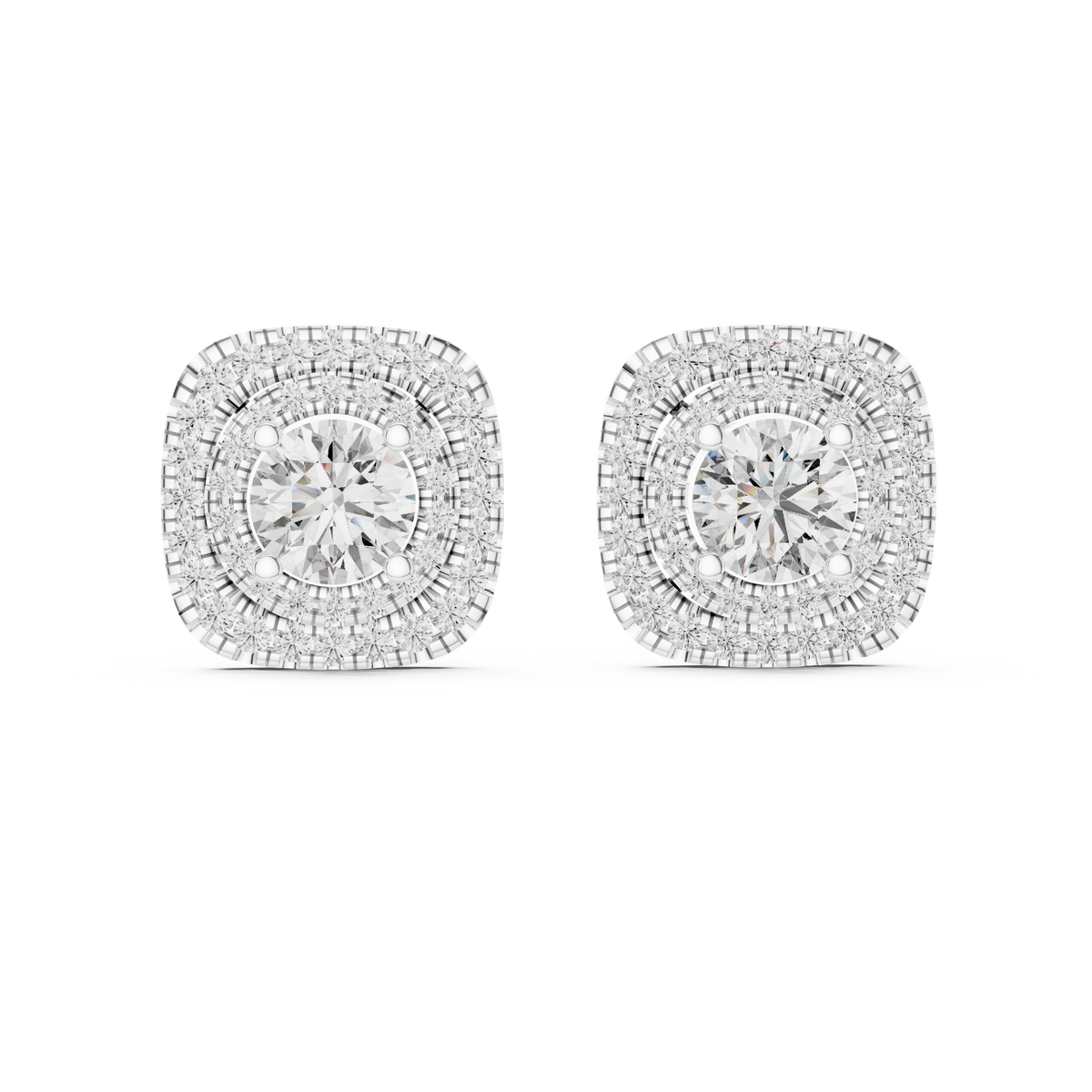 Round Center Cushion Double Halo Diamond Stud Earrings in White Gold - VYKA Diamonds