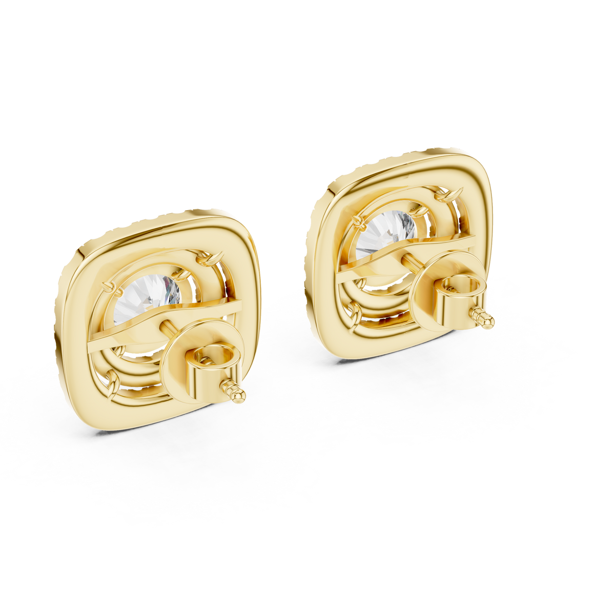 Round Center Cushion Double Halo Diamond Stud Earrings