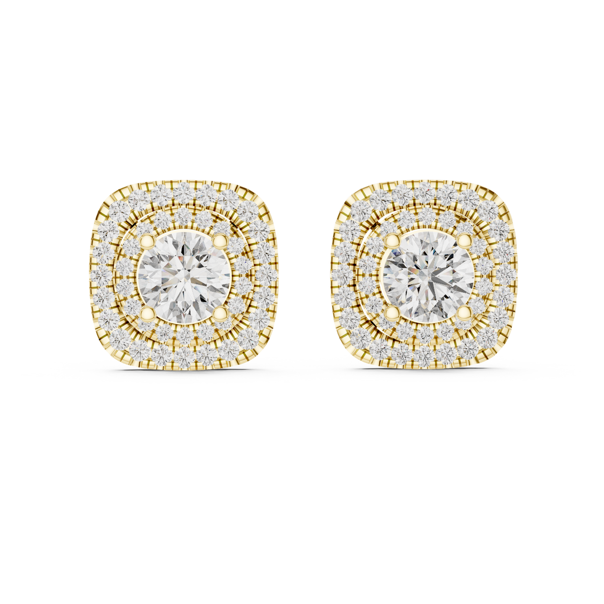 Round Center Cushion Double Halo Diamond Stud Earrings