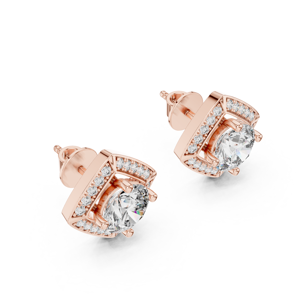 Kite Halo Diamond Stud Earrings in Rose Gold - VYKA Diamonds