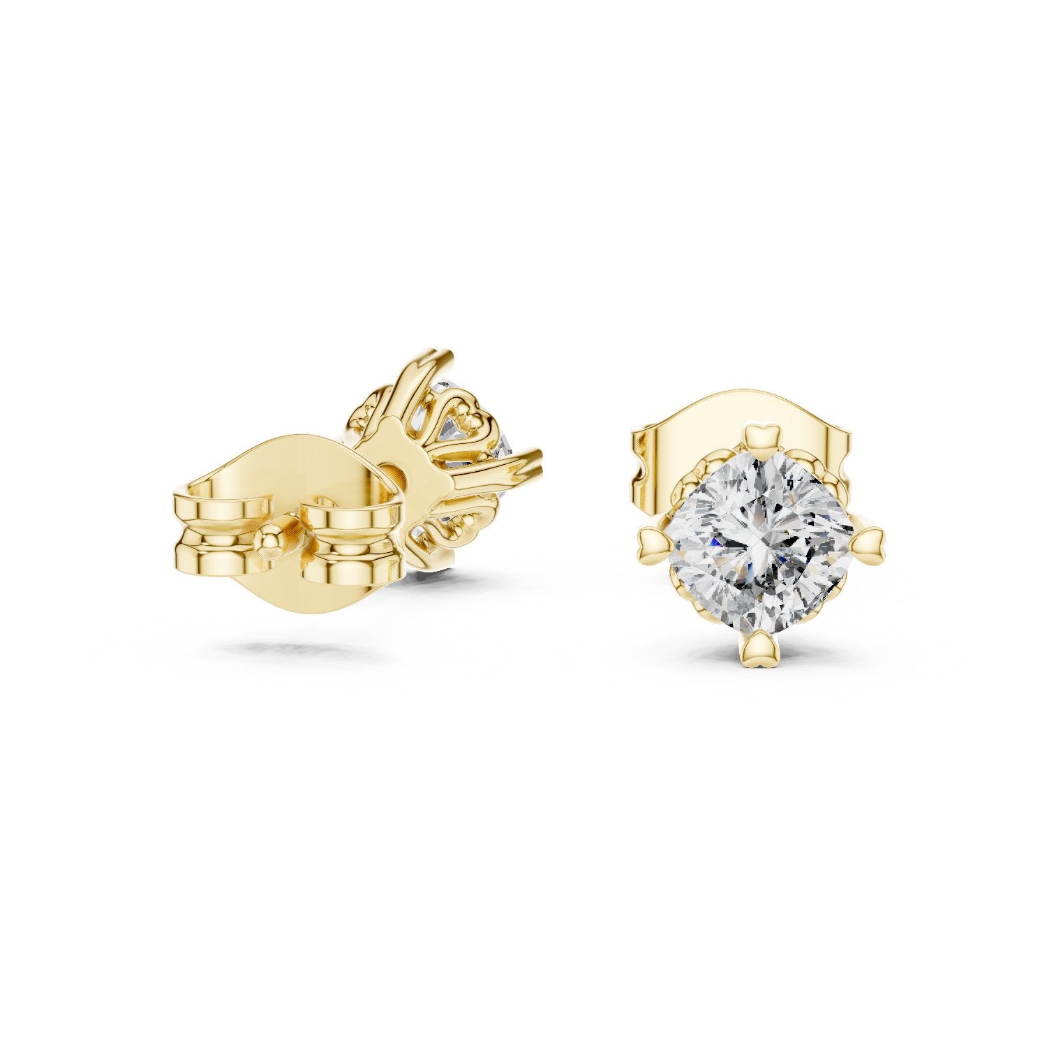 Crown Set Round Diamond Stud Earrings in Yellow Gold - VYKA Diamonds