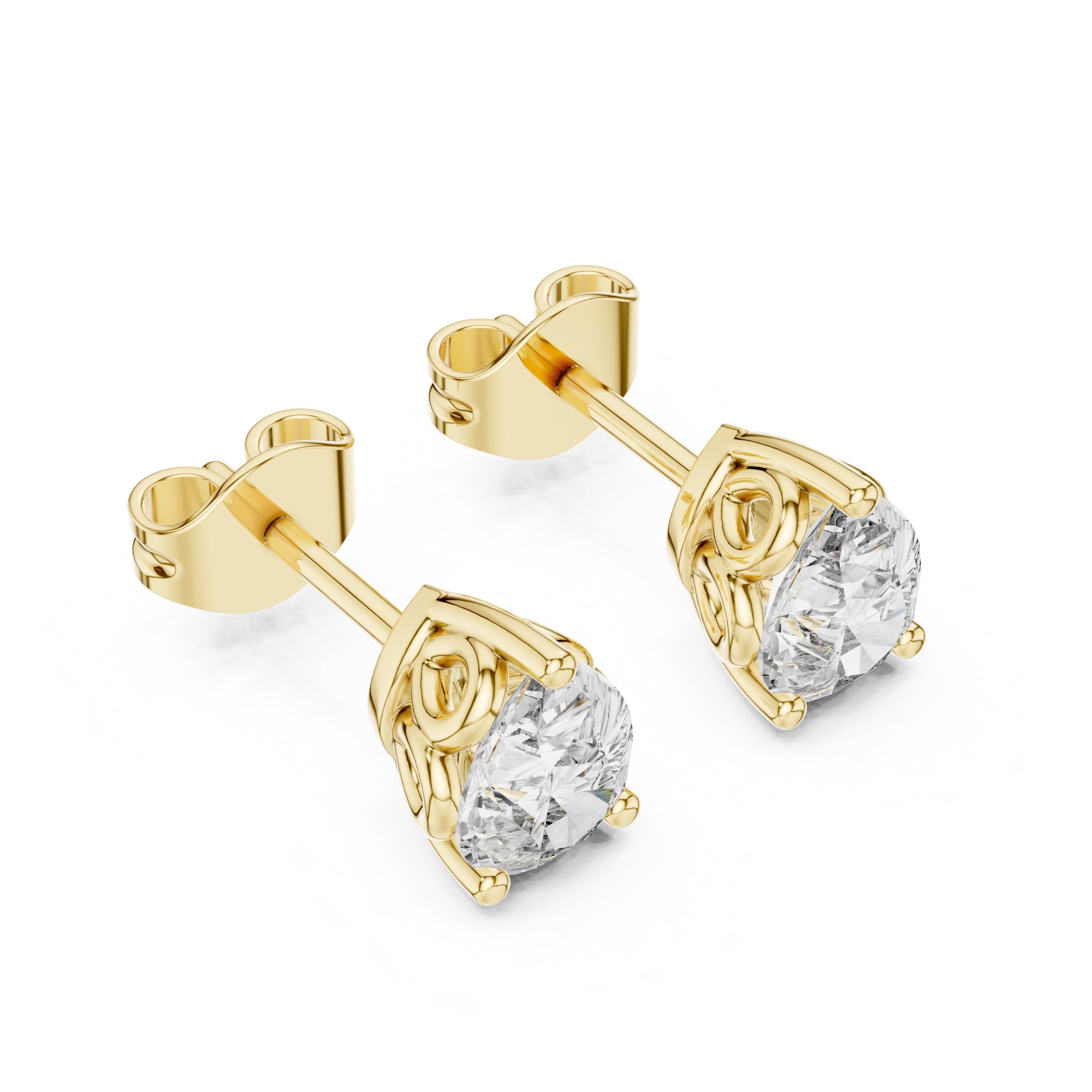 حلقان مسمارية ألماسية ثلاثية الشوكات على شكل قلب in Yellow Gold - VYKA Diamonds