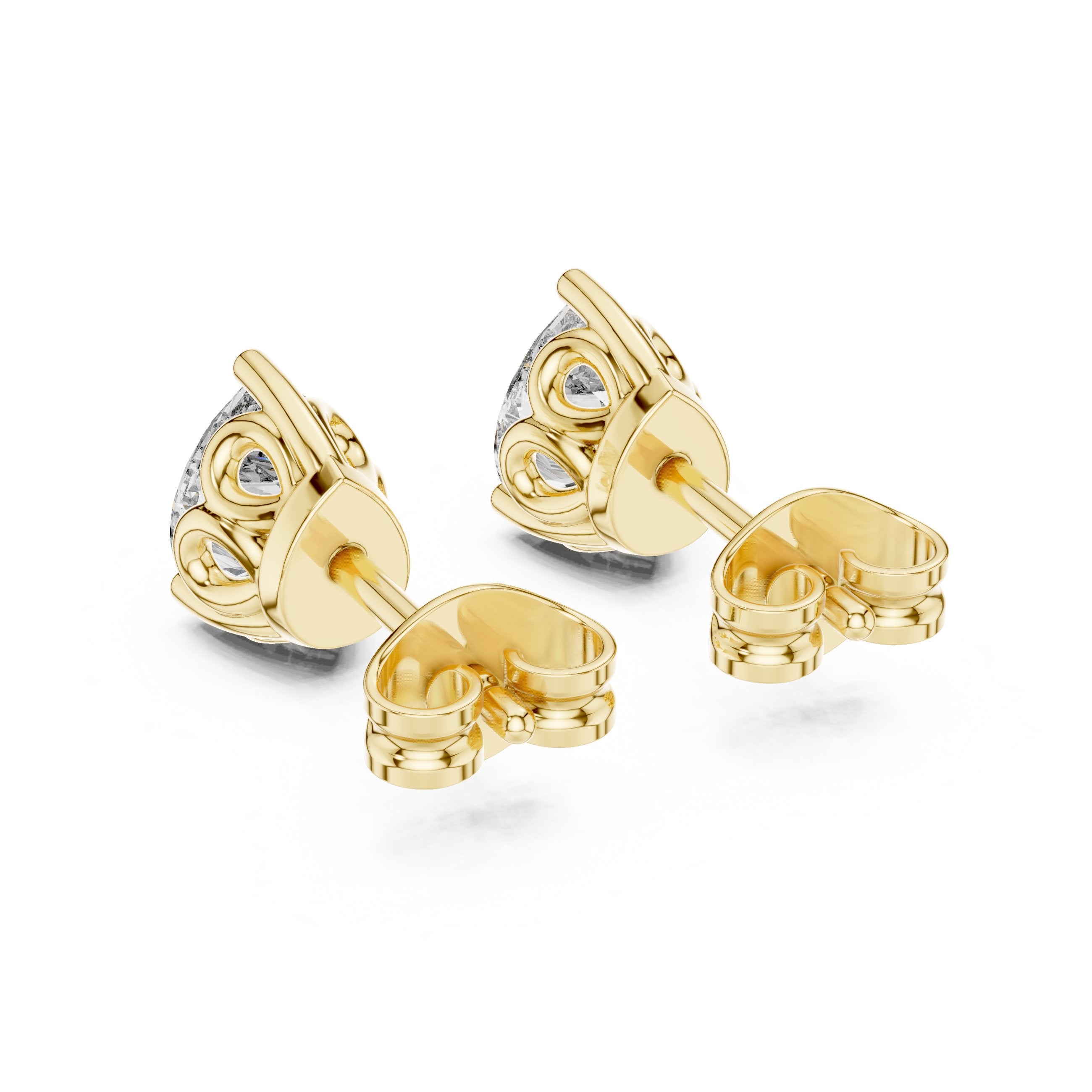 حلقان مسمارية ألماسية ثلاثية الشوكات على شكل قلب in Yellow Gold - VYKA Diamonds