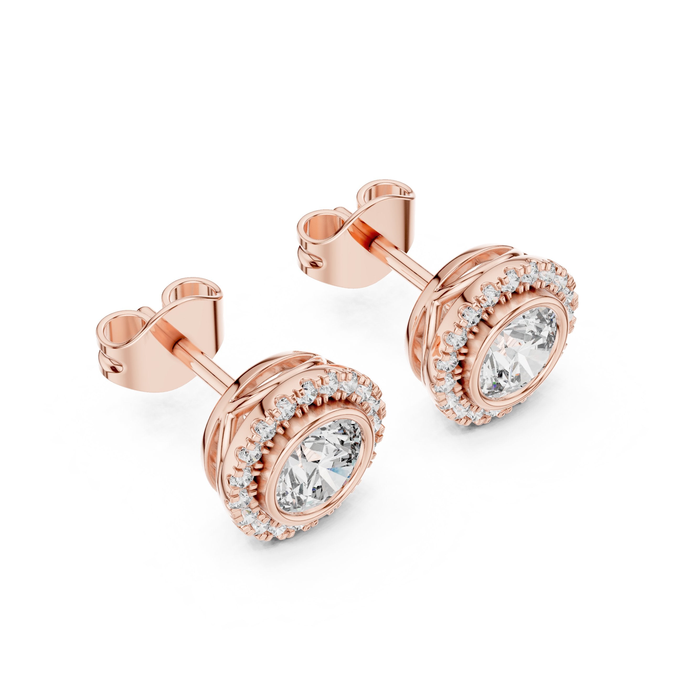 Round Bezel Halo Diamond Stud Earrings in Rose Gold - VYKA Diamonds