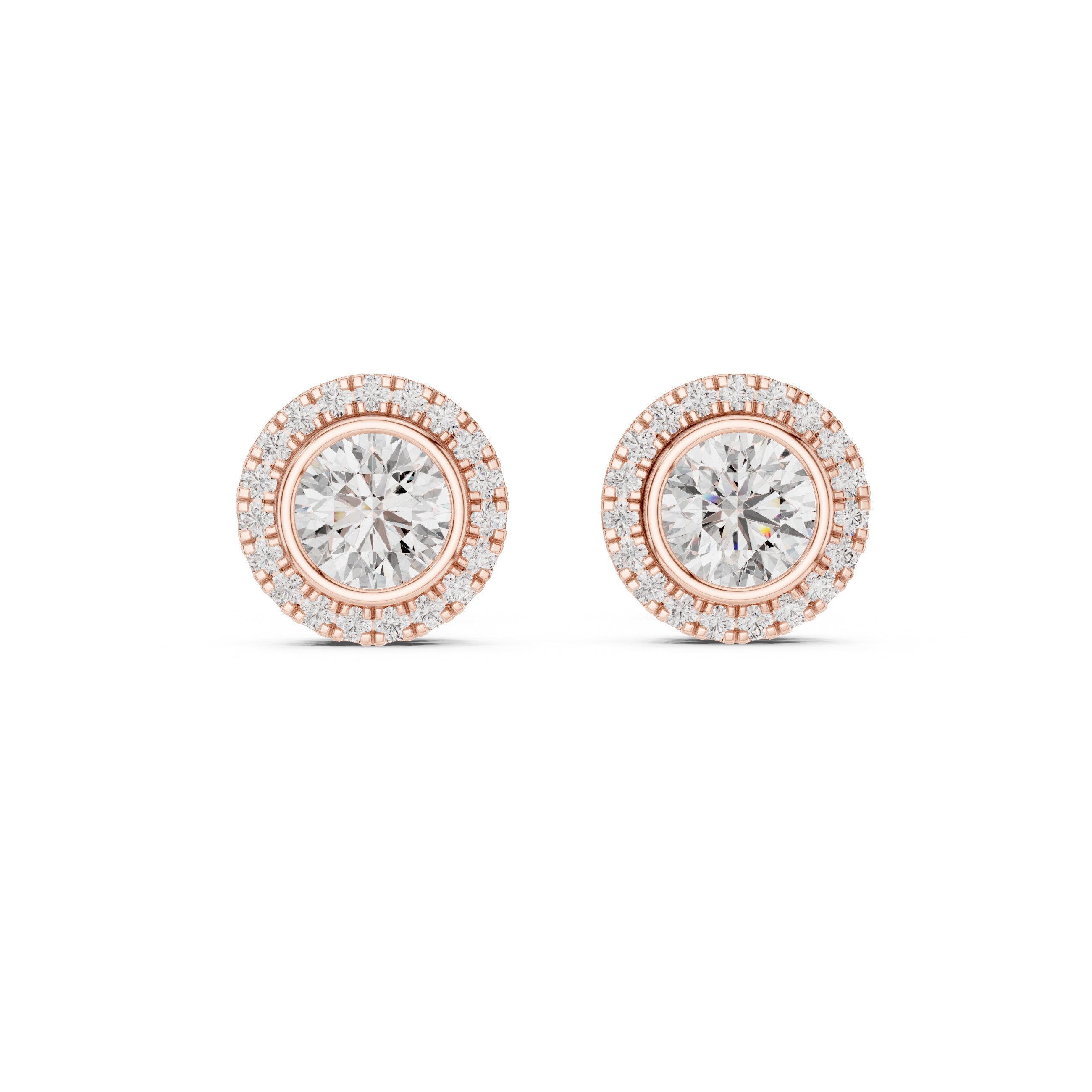 Round Bezel Halo Diamond Stud Earrings in Rose Gold - VYKA Diamonds