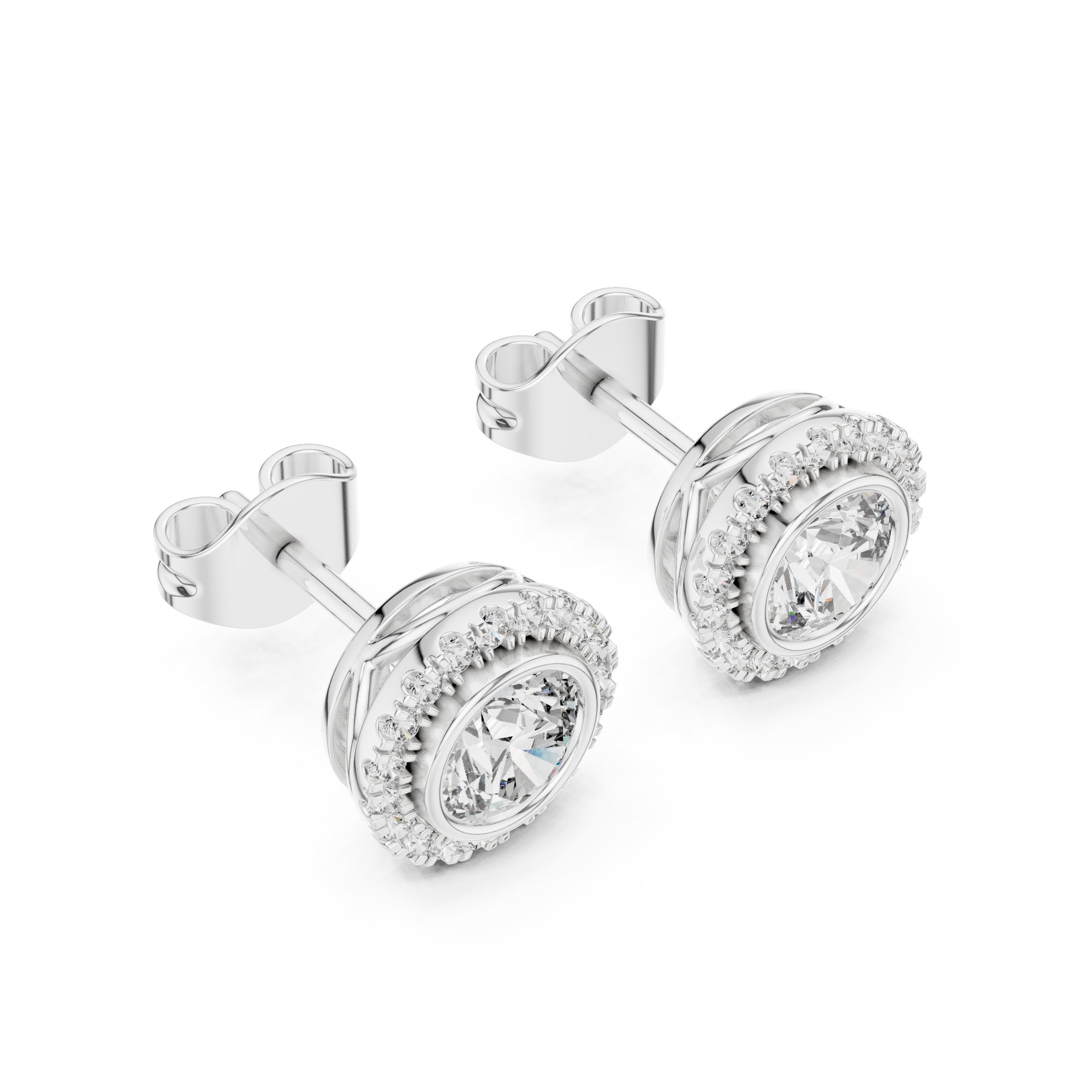 Round Bezel Halo Diamond Stud Earrings in White Gold - VYKA Diamonds
