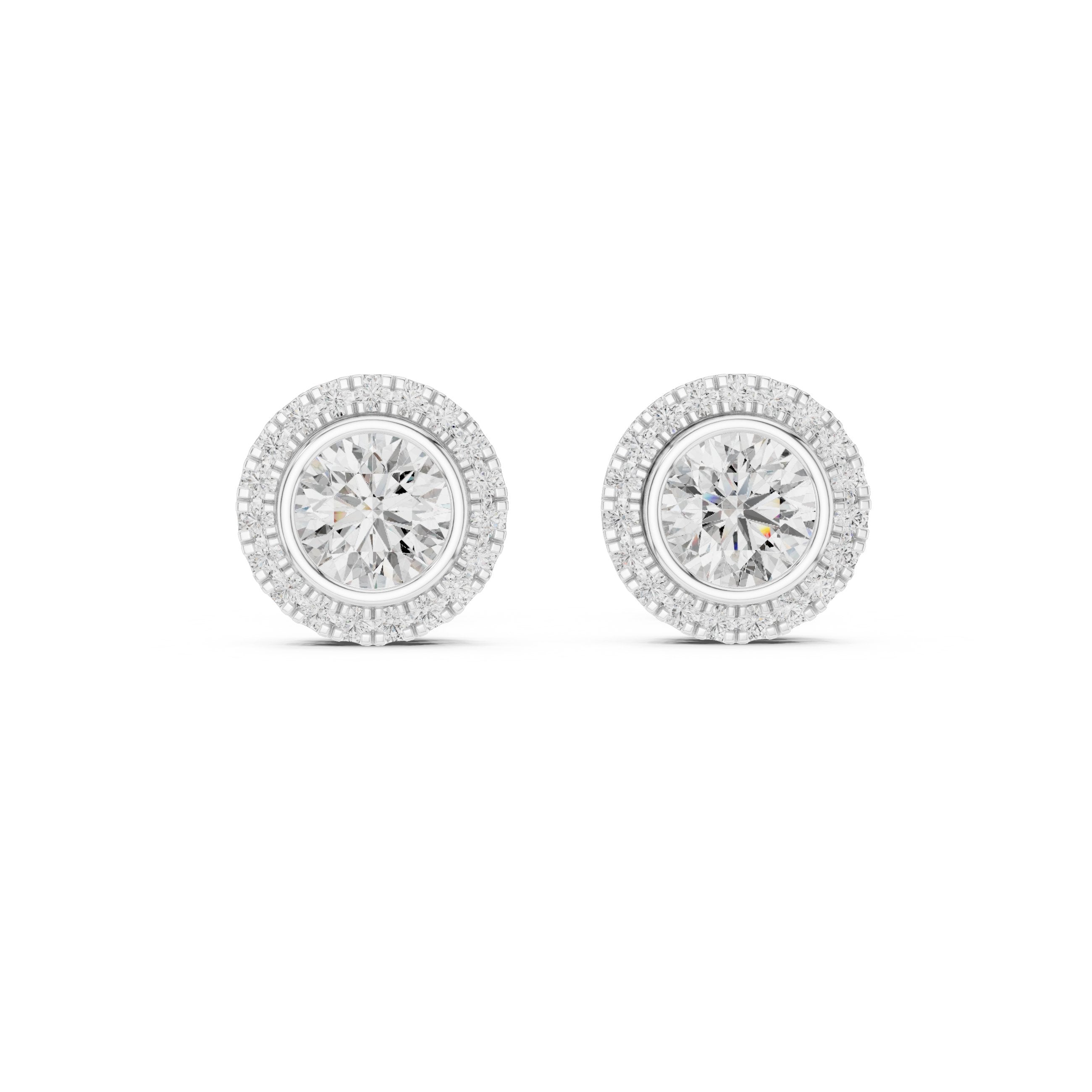 Round Bezel Halo Diamond Stud Earrings in White Gold - VYKA Diamonds
