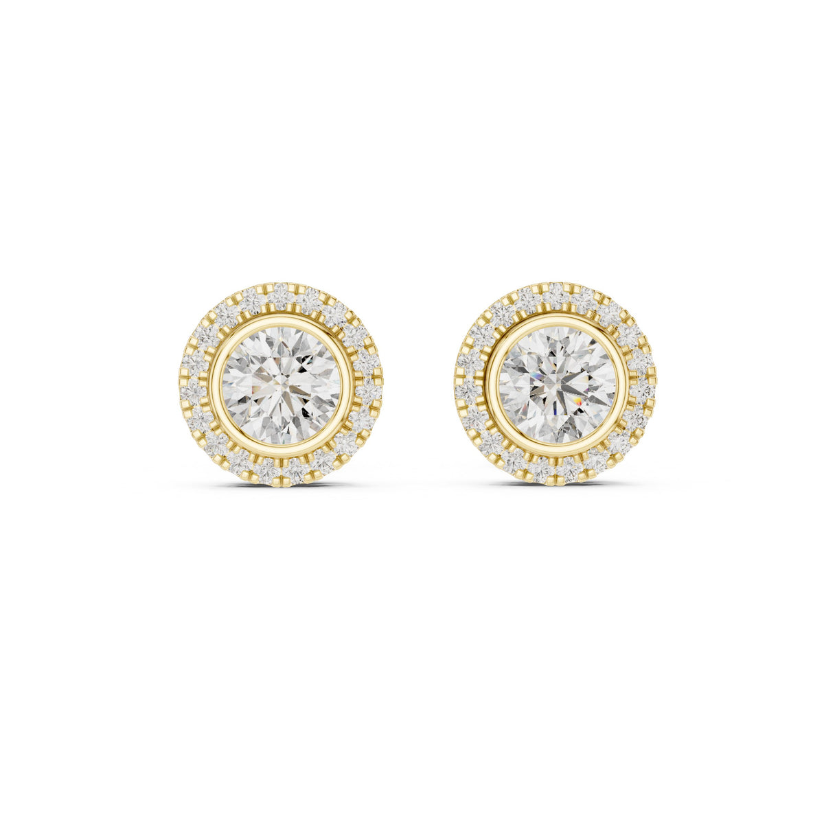 Round Bezel Halo Diamond Stud Earrings