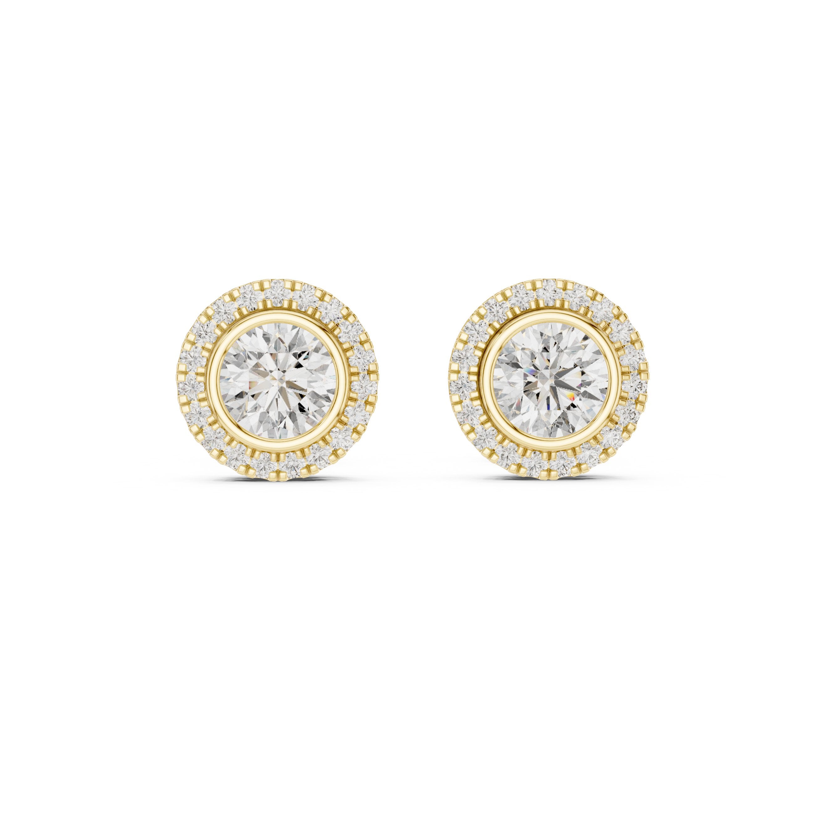 Round Bezel Halo Diamond Stud Earrings in Yellow Gold - VYKA Diamonds