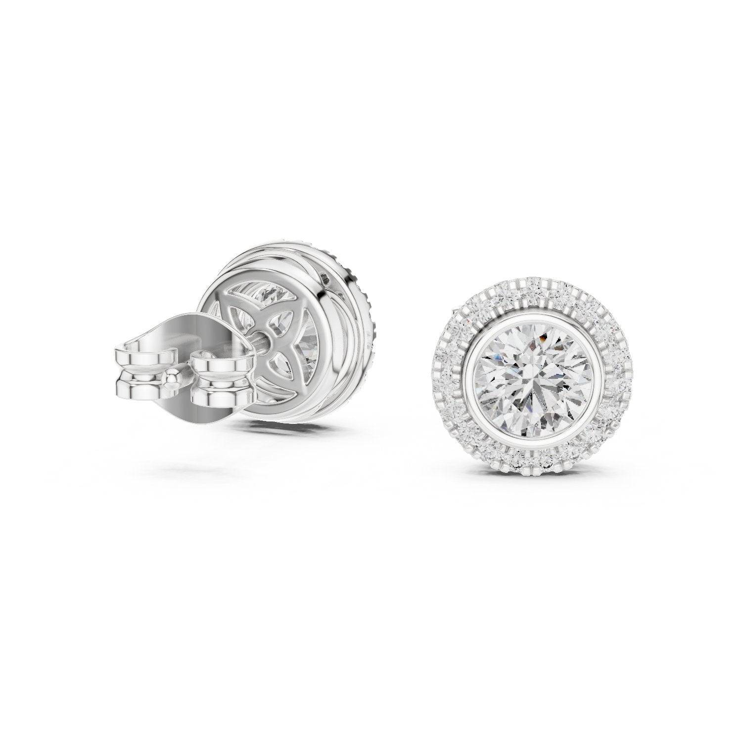 Round Bezel Halo Diamond Stud Earrings in White Gold - VYKA Diamonds