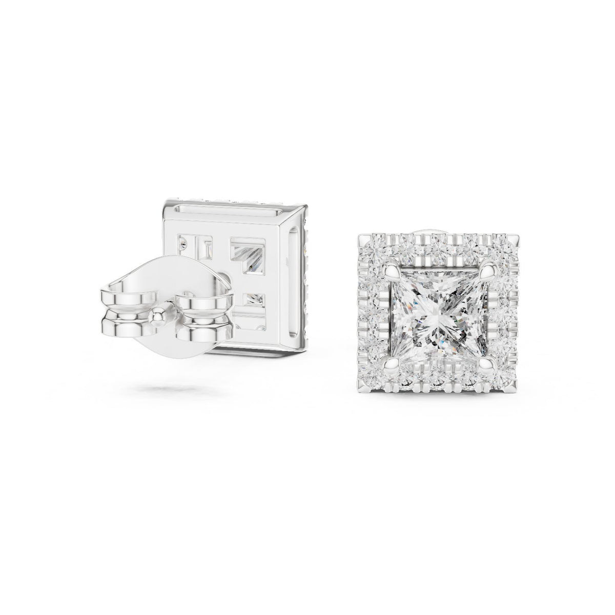 Princess Halo Diamond Stud Earrings