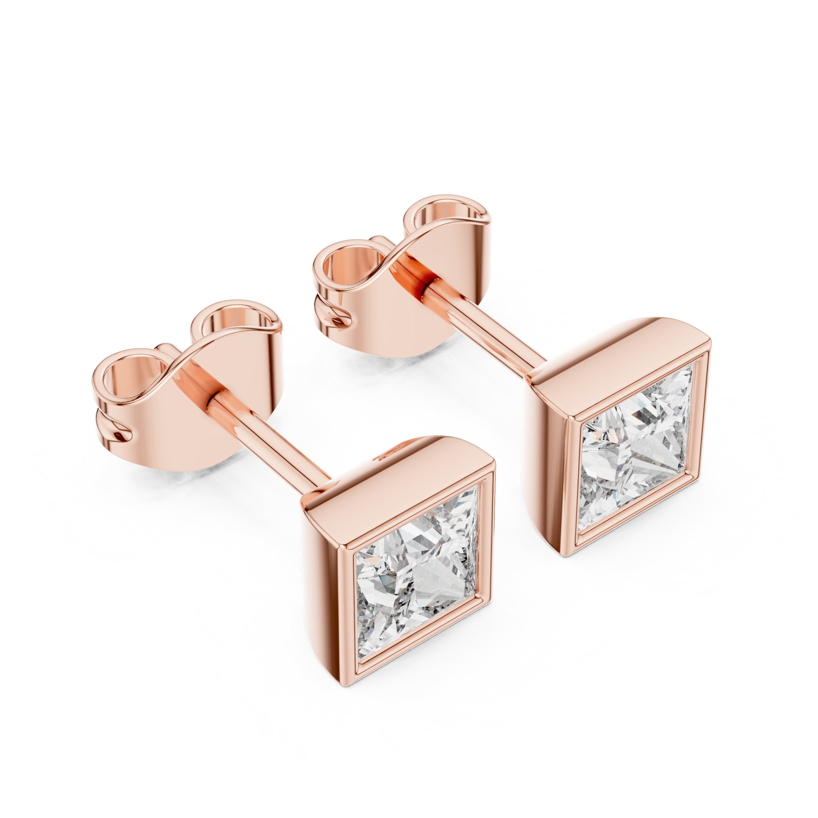 Princess Bezel Diamond Stud Earrings in Rose Gold - VYKA Diamonds