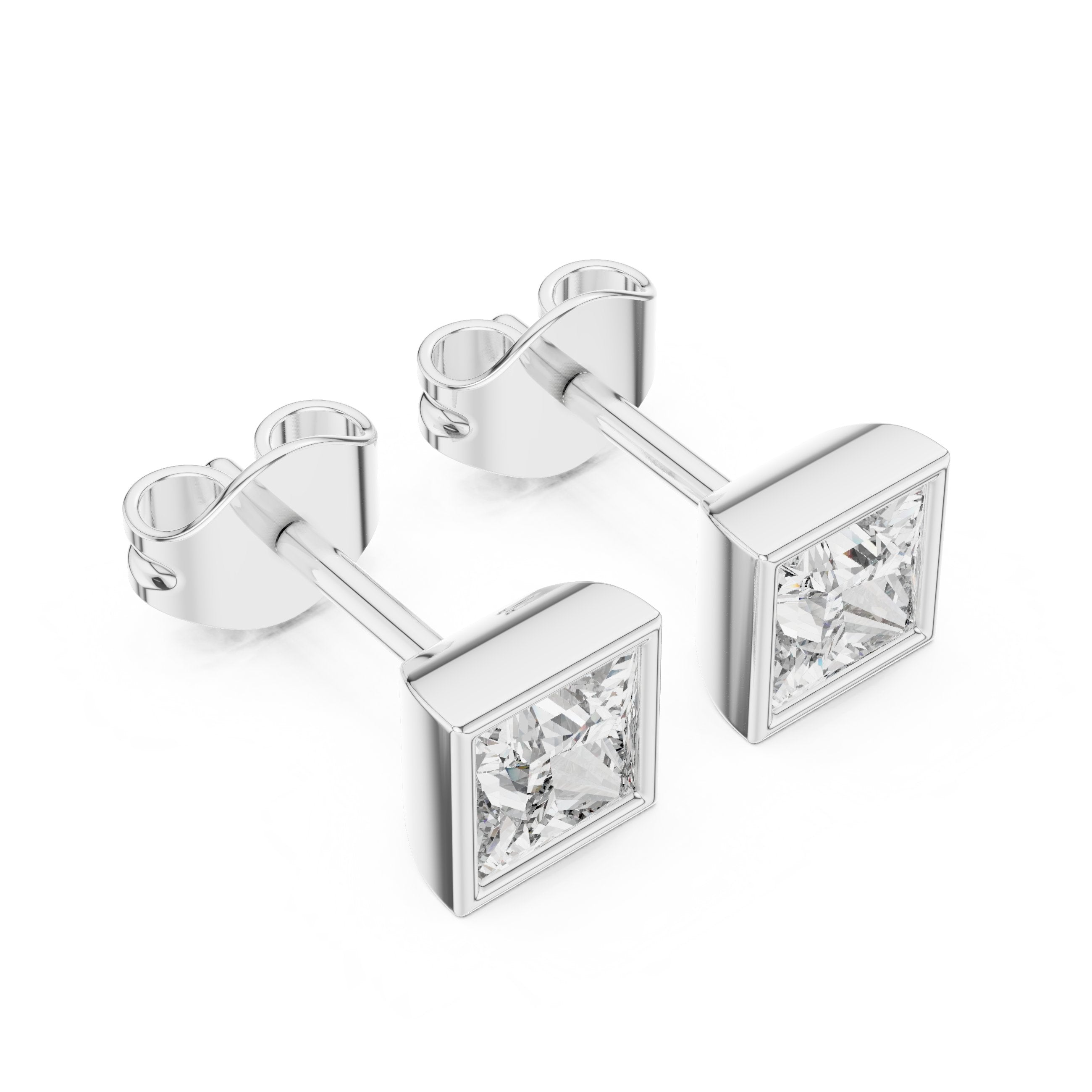 Princess Bezel Diamond Stud Earrings in White Gold - VYKA Diamonds