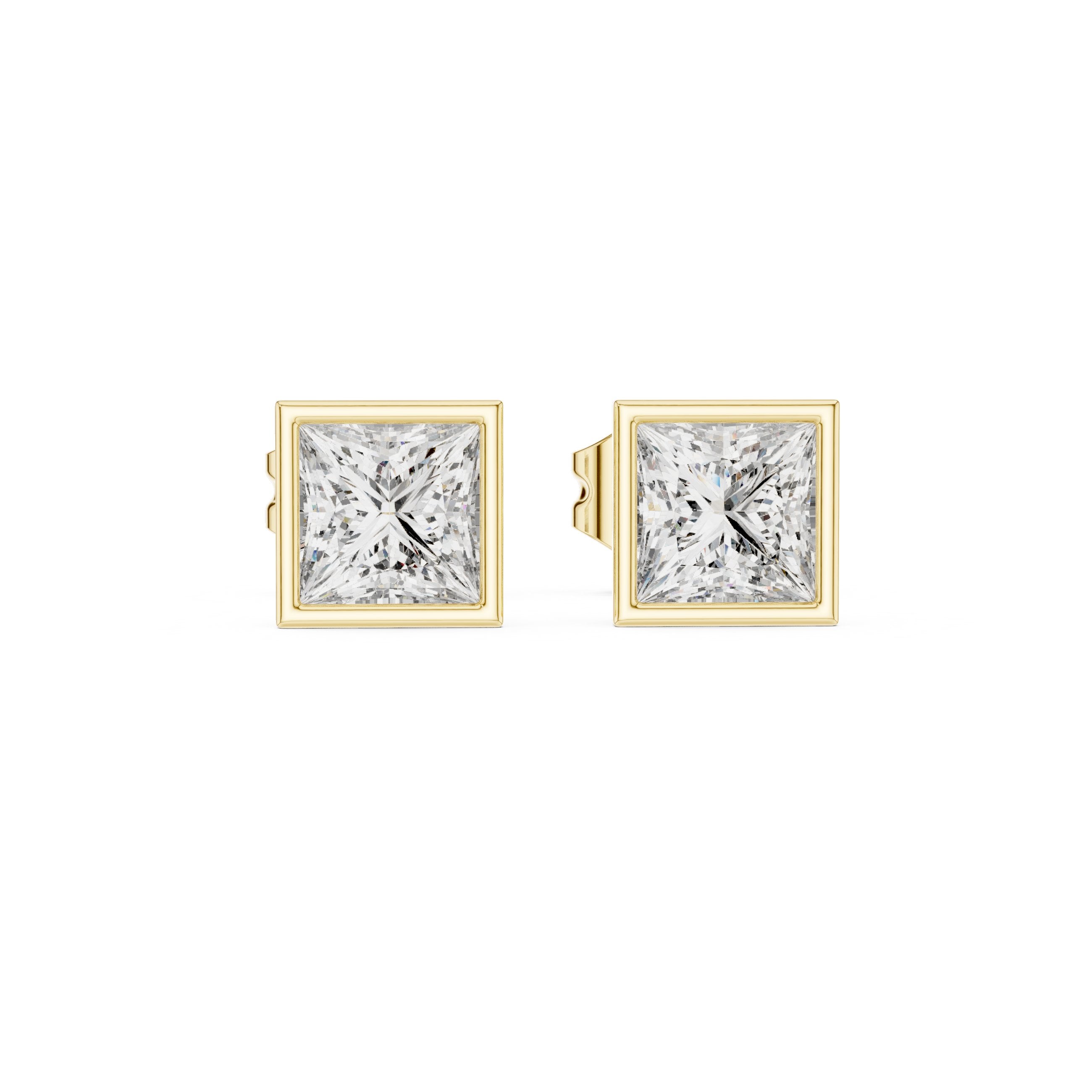 Princess Bezel Diamond Stud Earrings in Yellow Gold - VYKA Diamonds