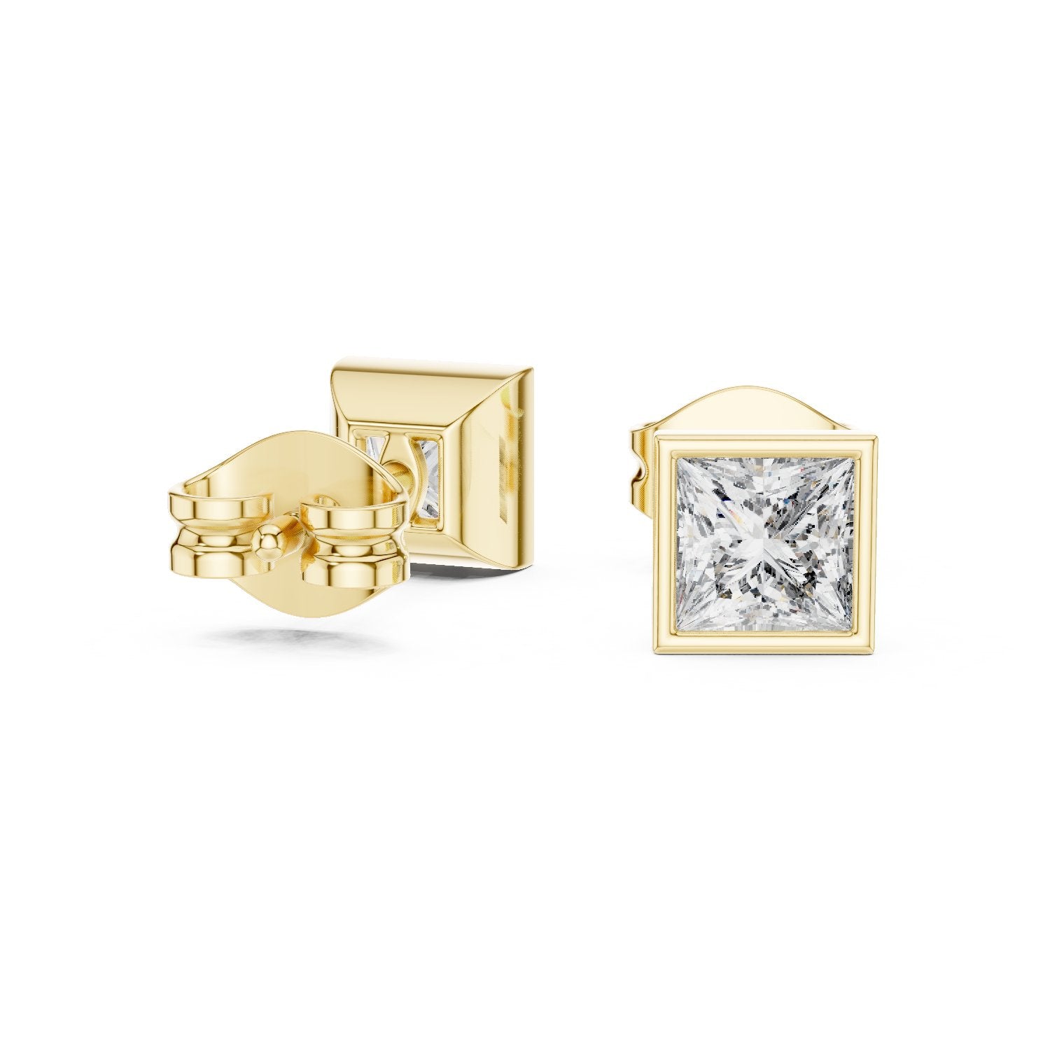 Princess Bezel Diamond Stud Earrings in Yellow Gold - VYKA Diamonds