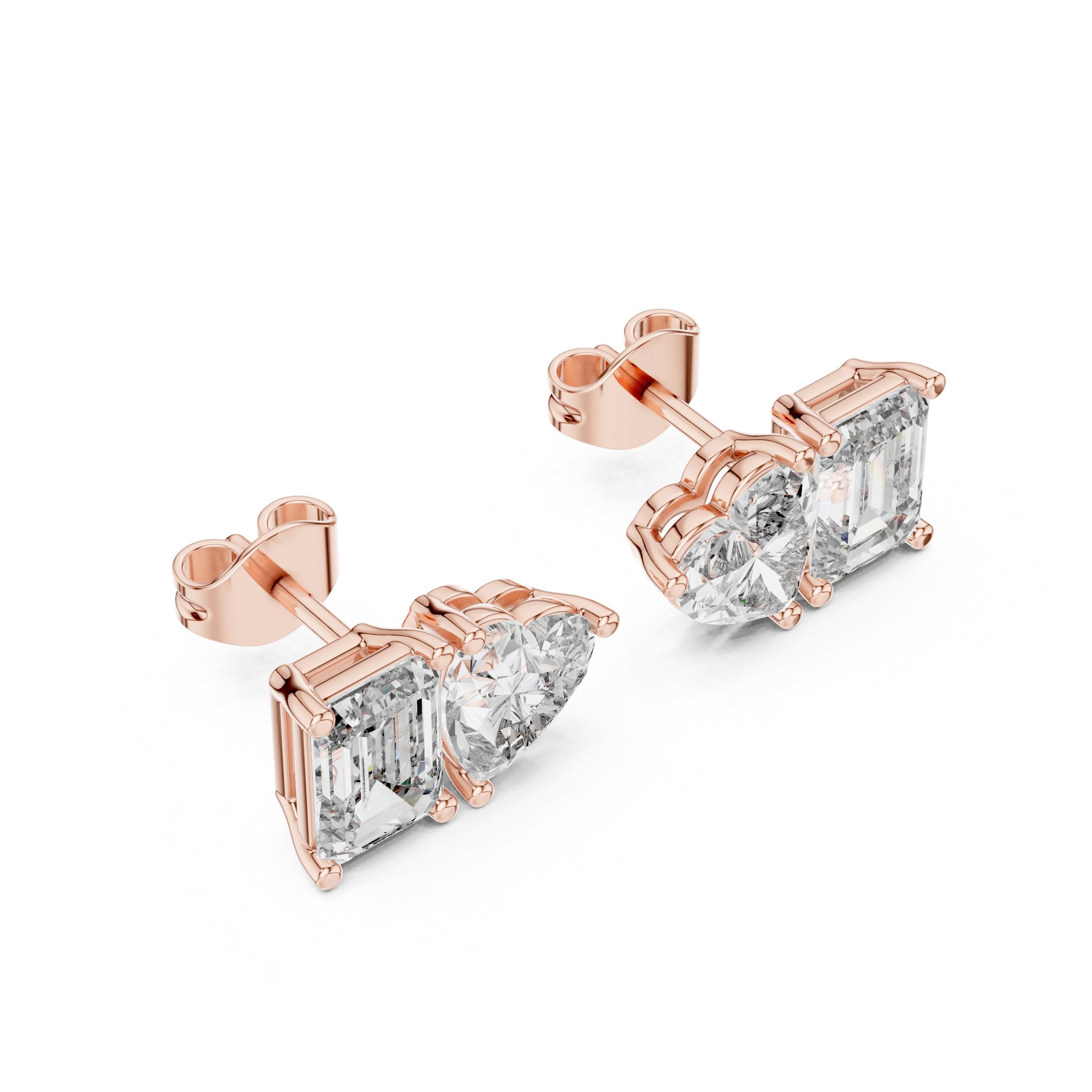Emerald Heart Toi et Moi Stud Earrings in Rose Gold - VYKA Diamonds