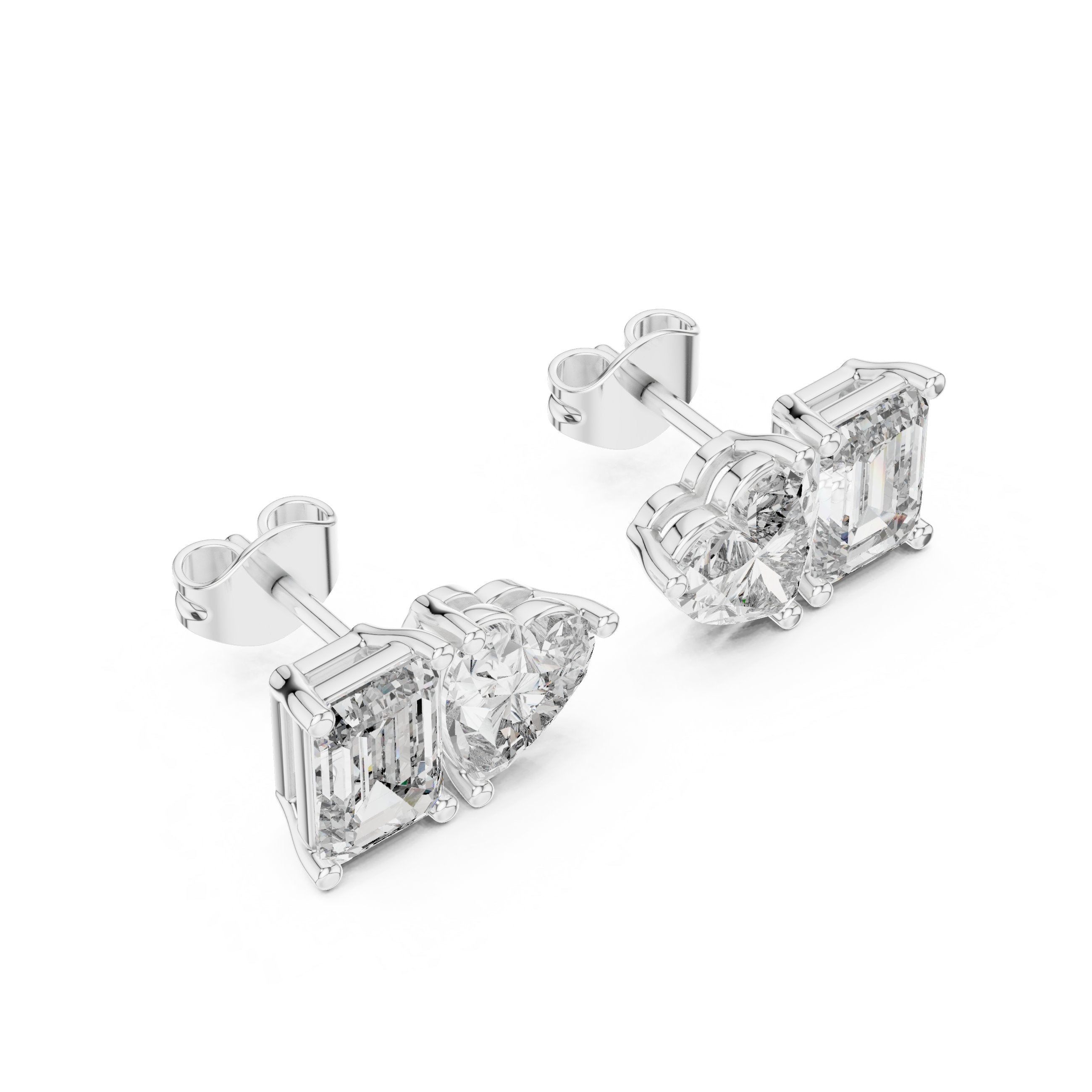 Emerald Heart Toi et Moi Stud Earrings in White Gold - VYKA Diamonds