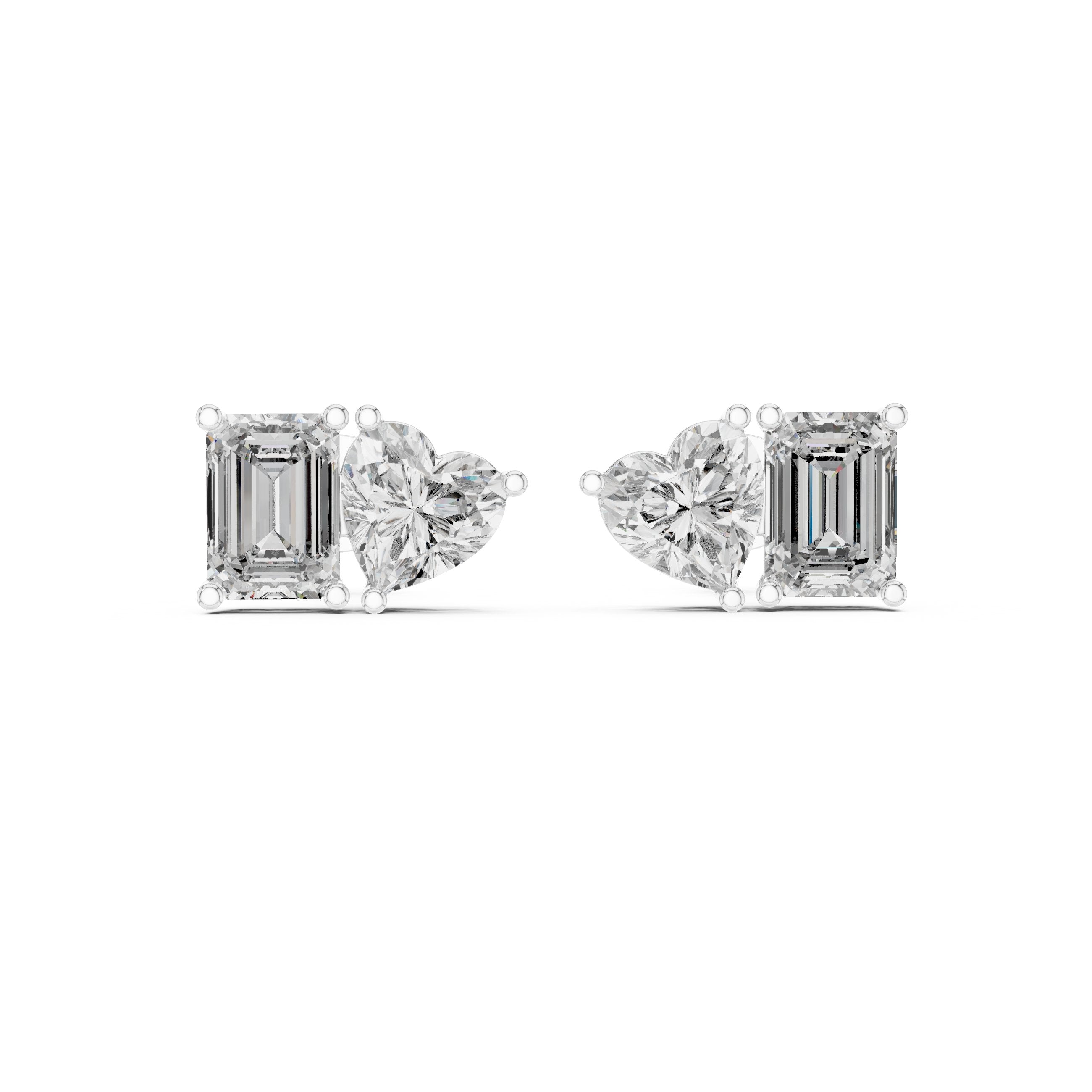 Emerald Heart Toi et Moi Stud Earrings in White Gold - VYKA Diamonds