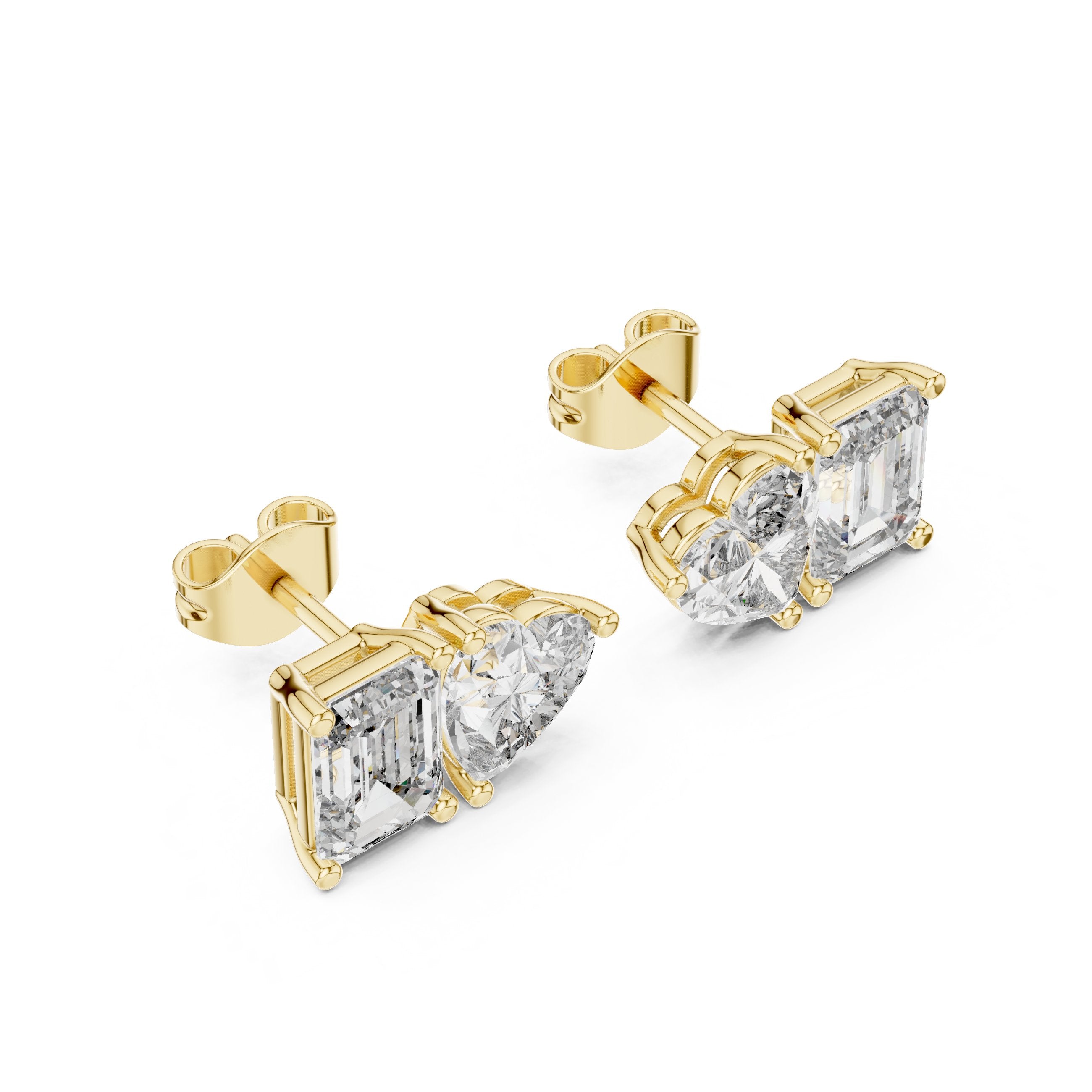 Emerald Heart Toi et Moi Stud Earrings in Yellow Gold - VYKA Diamonds